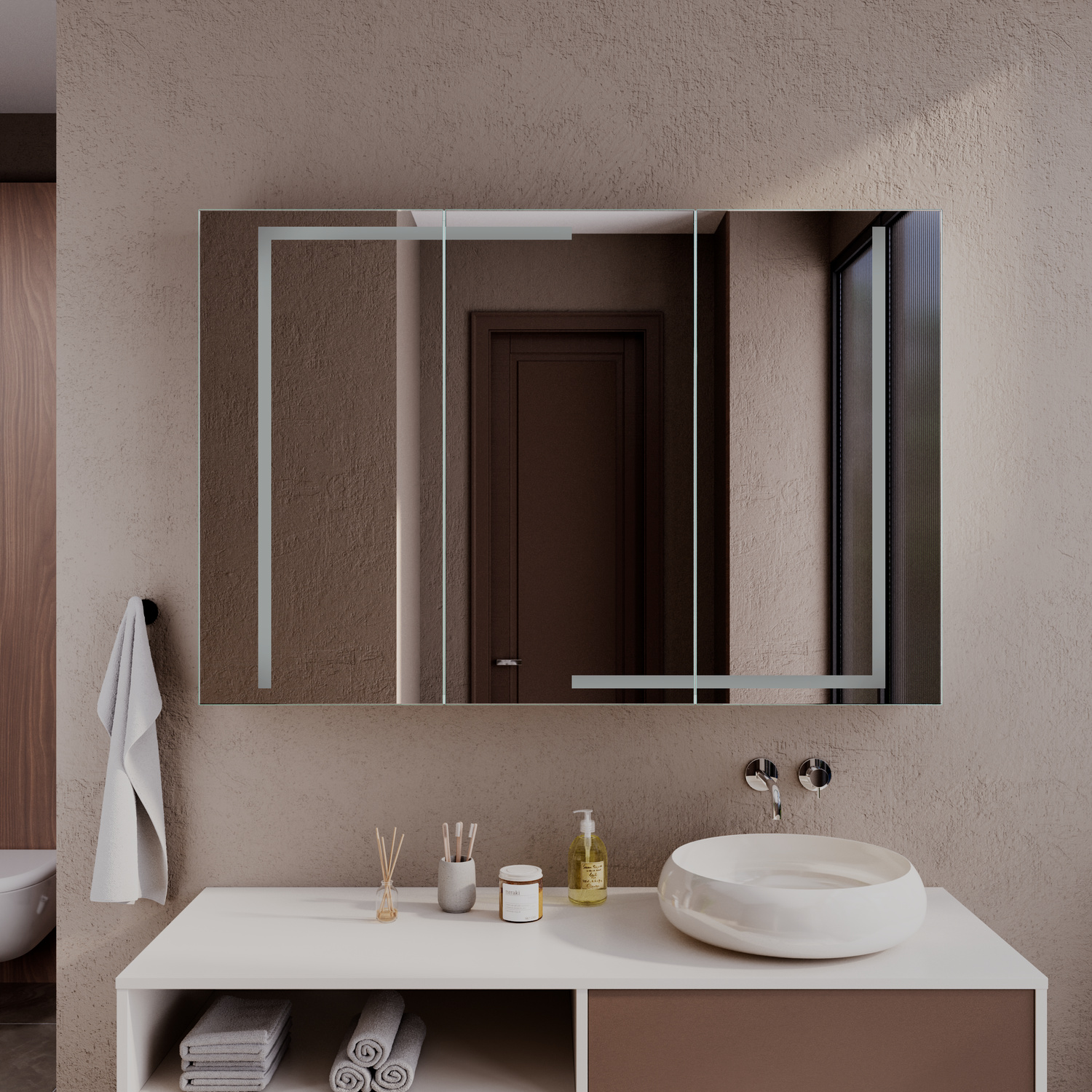 LEVANGER rechteckiger LED-Spiegelschrank mit ausgeschalteter Beleuchtung, 1500x1500 mm, Nahaufnahme mit geöffneten Türen und Innenregal, über zweifarbigem Waschtisch mit weißem rundem Aufsatzwaschbecken und Wandarmatur, modernes Bad