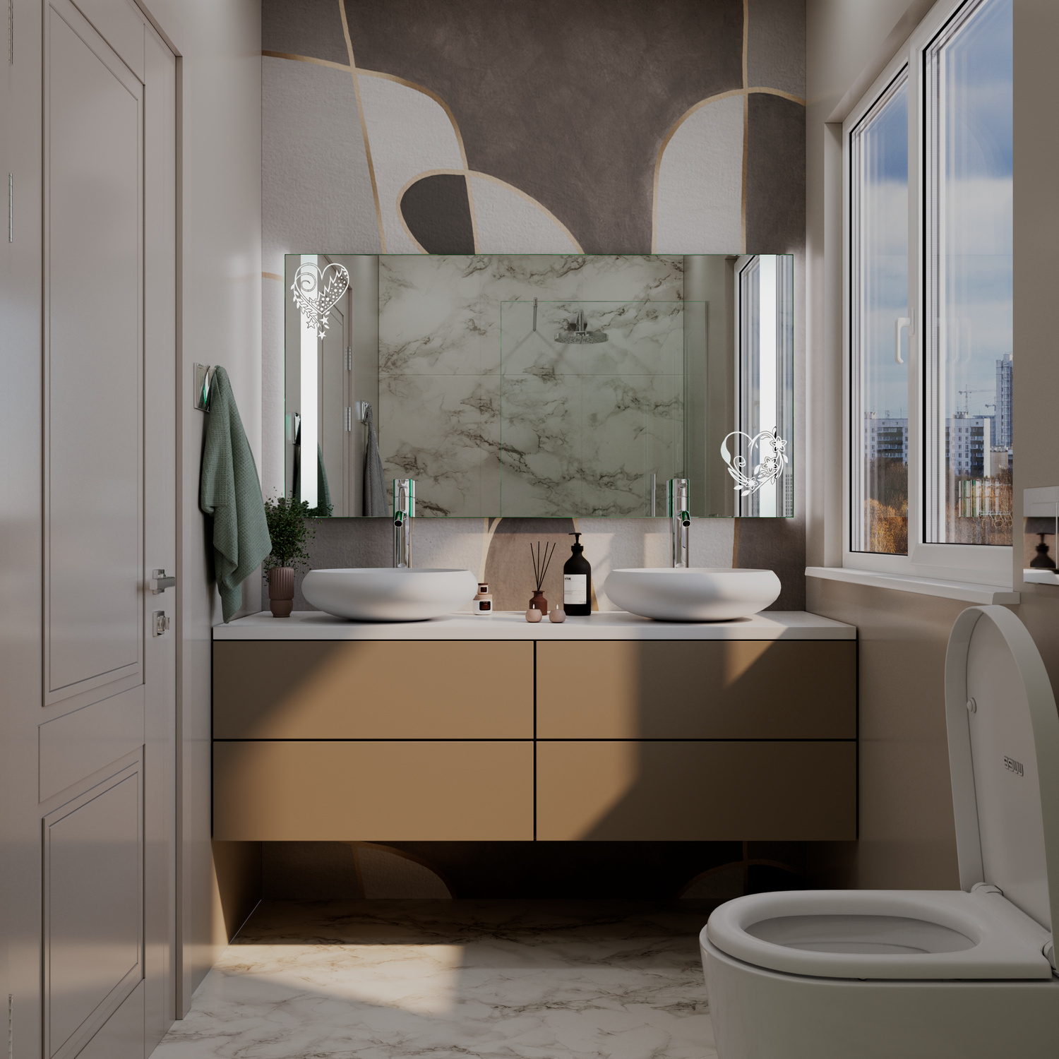 PRATO LED-Badspiegel mit eingeschalteter Beleuchtung, 1500x1500 mm, rechteckig randlos mit LED-Licht, über zwei weißen runden Aufsatzwaschbecken auf modernem Waschtisch mit goldenen Fronten, Marmor-Rückwand, WC rechts, luxuriöses Bad, Pendelleuchten