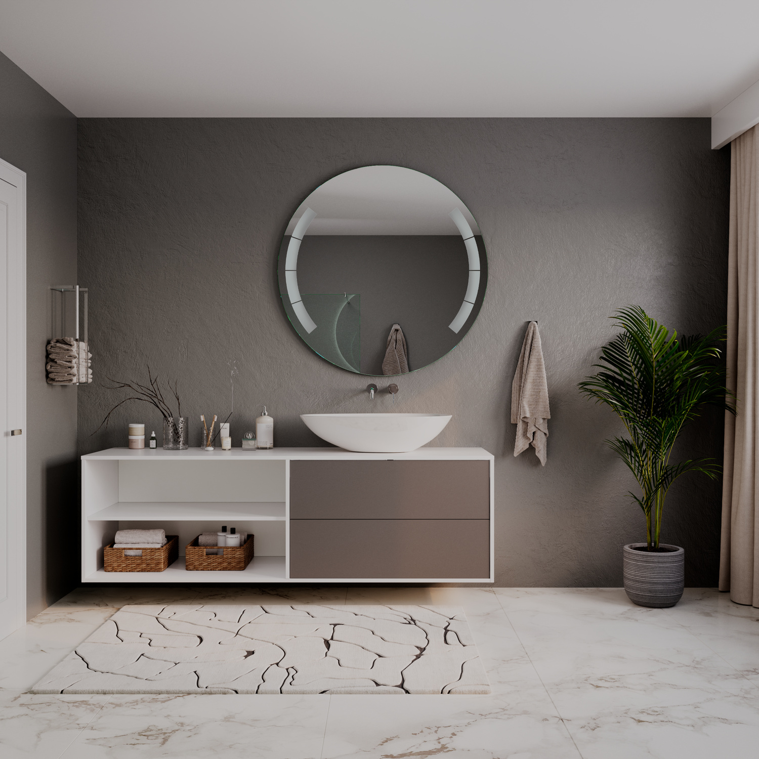 ASAN runder LED-Badspiegel mit ausgeschalteter Beleuchtung, 1500x1500 mm, über weißem Aufsatzwaschbecken auf beige-weißem schwebendem Waschtisch mit offenem Regalfach, modernes Bad mit dunkelgrauer Wand, Grünpflanze, Handtüchern und marmoriertem Boden