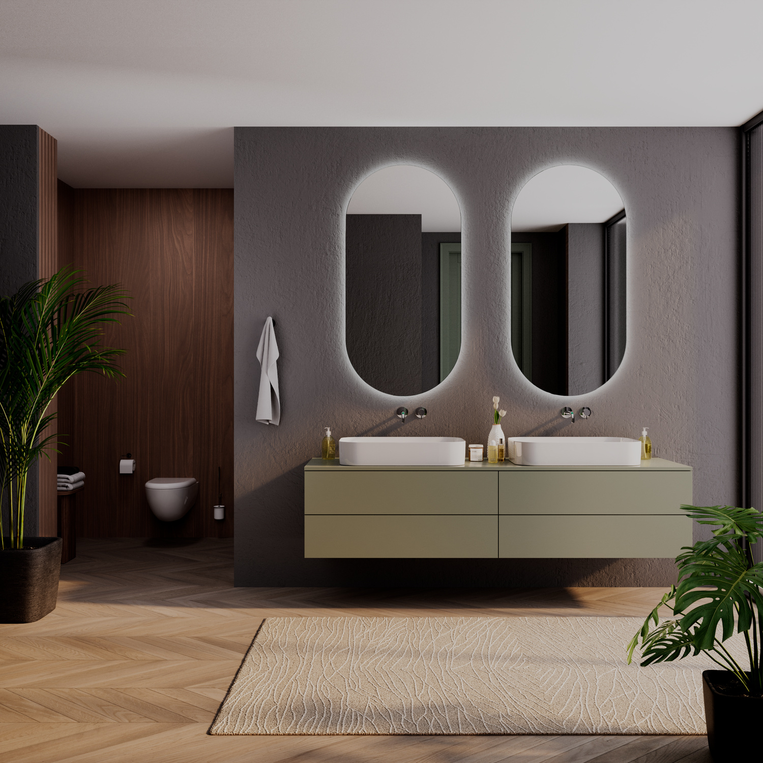 Zwei ovale LED-Badspiegel mit eingeschalteter Hintergrundbeleuchtung, 1500x1500 mm, zwei dunkle Spiegel mit warmweißen LED-Lichtringen, über beigem schwebenden Doppelwaschtisch mit zwei rechteckigen weißen Waschbecken, modernes luxuriöses Bad mit Holzpane