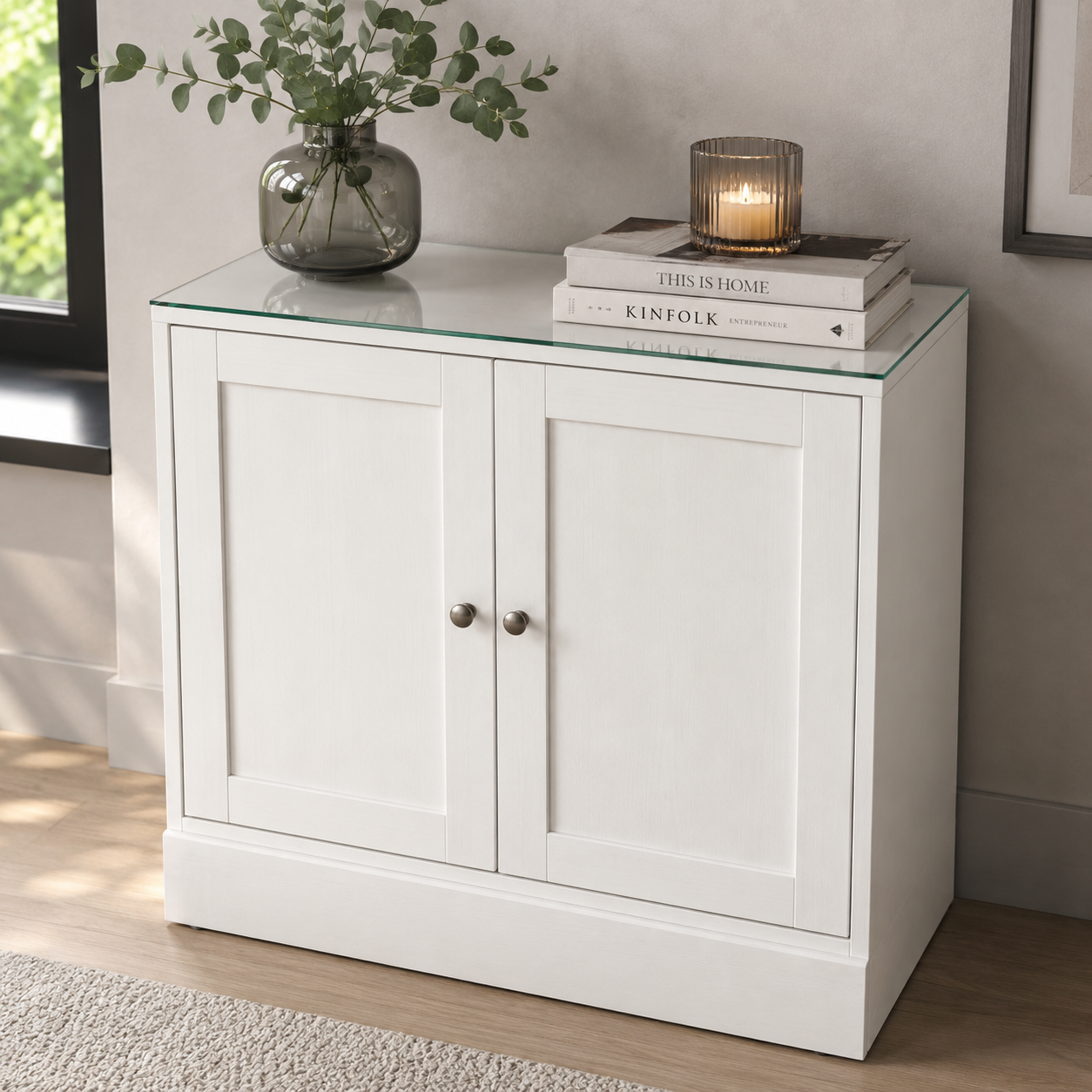 Maßgefertigte Schutzglasplatte für IKEA HAVSTA Kommoden mit präzise verarbeiteten Kanten