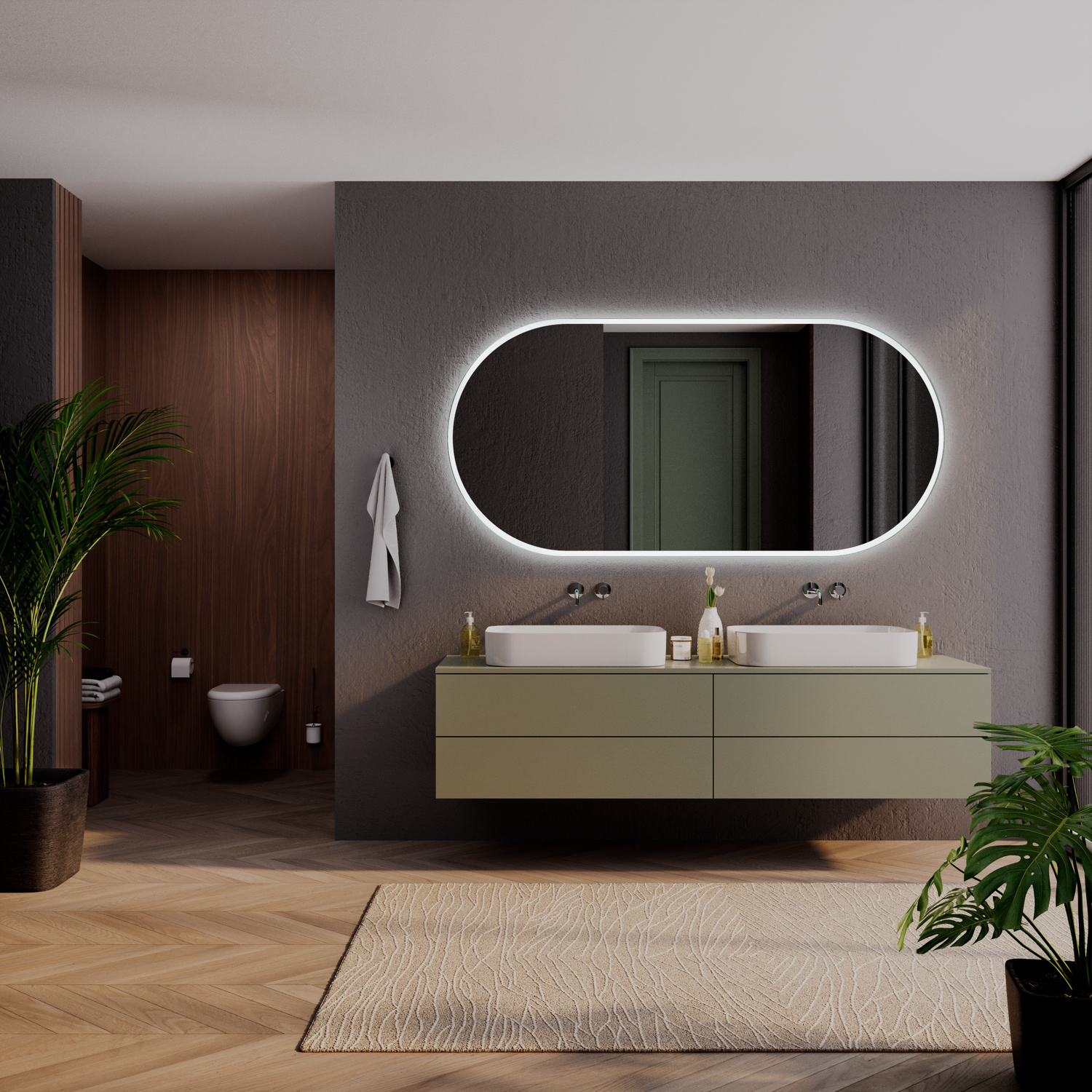 SETE OV15 beleuchteter ovaler Badezimmerspiegel 1500x1500 mm mit 15 mm Rahmenbreite und LED-Beleuchtung in modernem Badezimmer mit hellgrünem schwebendem Doppelwaschtisch und FischgrätparkettRetry