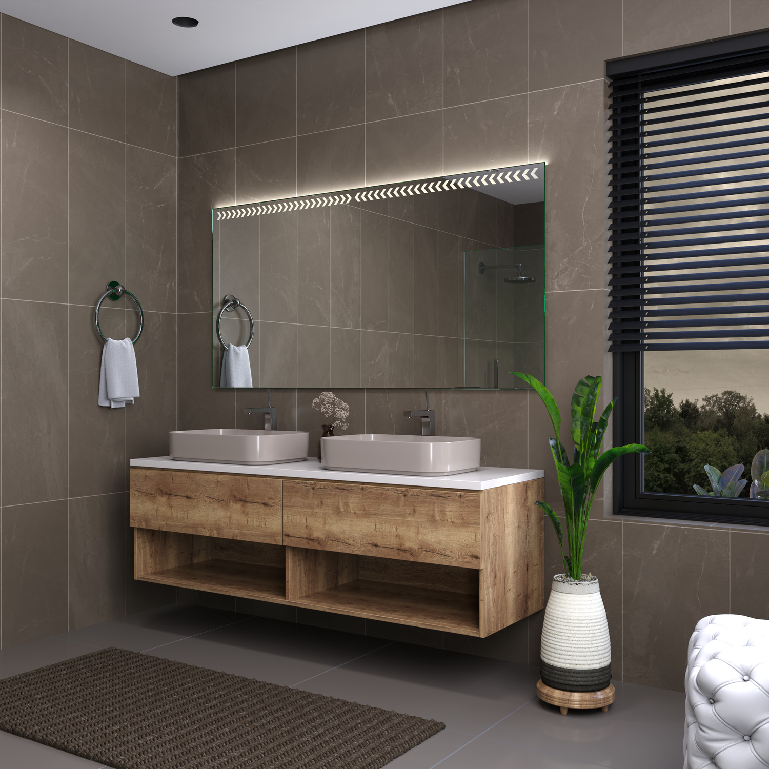 NIORT rechteckiger LED-Spiegelschrank mit eingeschalteter Beleuchtung, 1500x1500 mm, leuchtend mit warmweißen LED-Punkten oben, seitliche Perspektive, über weißem rechteckigem Aufsatzwaschbecken auf Holzwaschtisch mit Regalfächern, modernes Bad mit Fliese