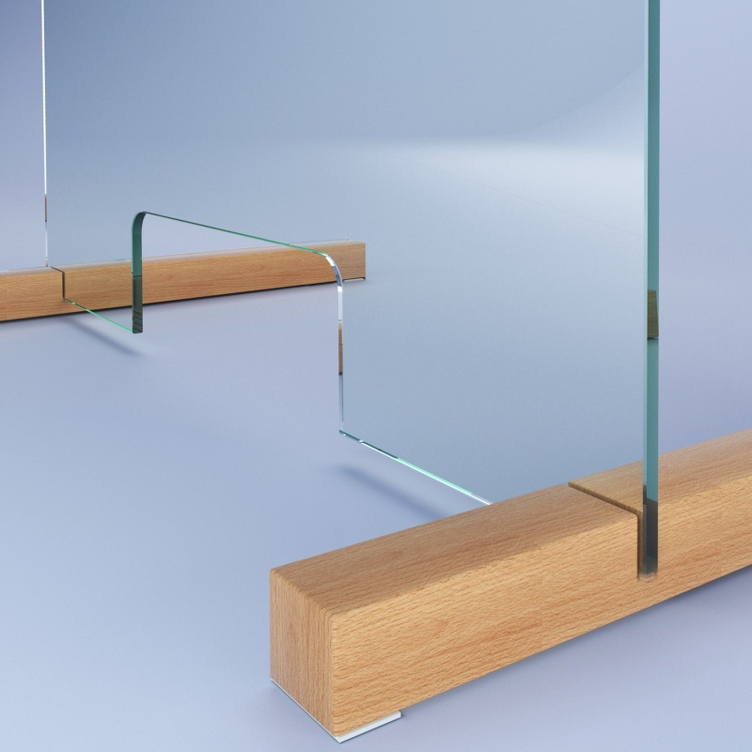 Detailaufnahme der Sicherheitsglasscheibe Modell ESG A1 mit Holzfuß und Durchreiche, auf hellem Hintergrund dargestellt.