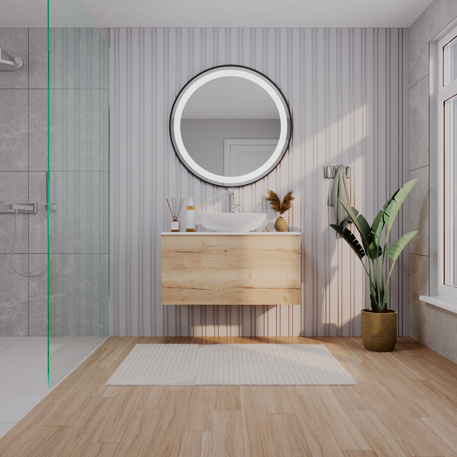 Runder Badspiegel Azor mit schwarzem Rahmen und eingeschalteter LED-Hintergrundbeleuchtung über einem Holzwaschtisch in einem hellen Badezimmer mit Dusche und strukturierter WandgestaltungRetry