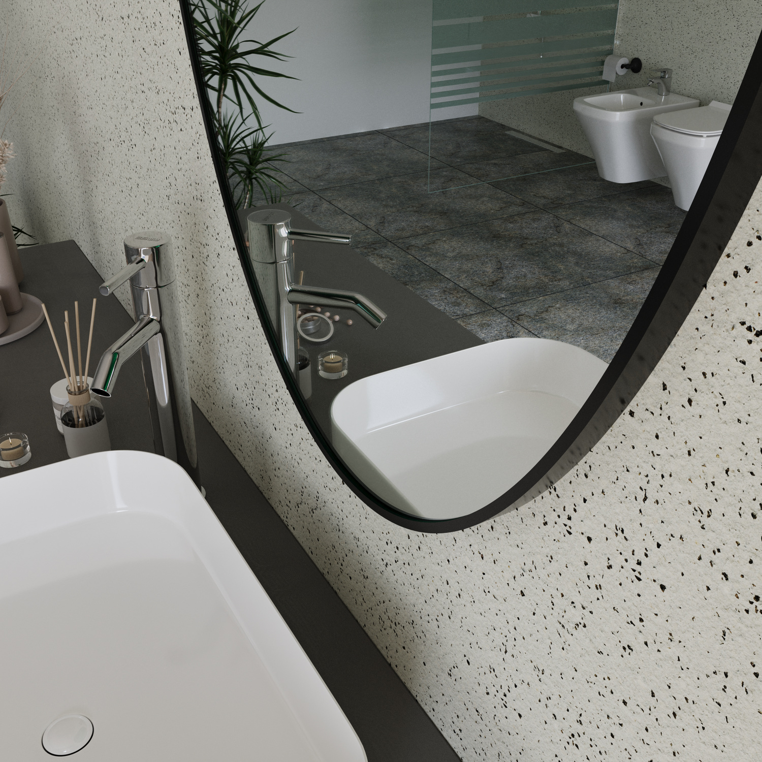 Runder Badspiegel mit schwarzem Metallrahmen in Detailansicht, 1500x1500 mm, Rahmendetail im Fokus, über weißer Terrazzo-Waschtischplatte mit ovalem Aufsatzwaschbecken, moderne Armatur, WC im Hintergrund, Grünpflanze, modernes minimalistisches Bad