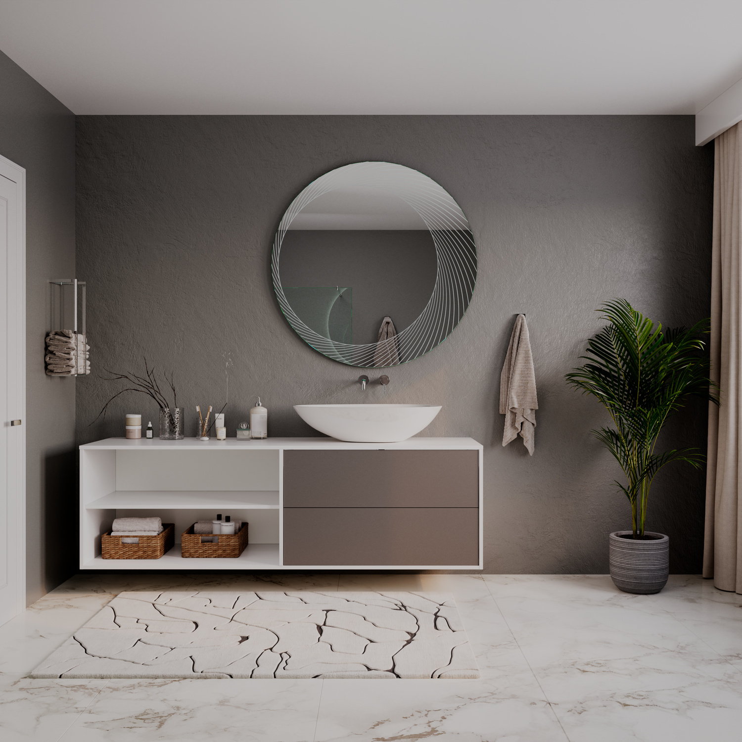 LDR506 runder LED-Badspiegel mit ausgeschalteter Beleuchtung, 1500x1500 mm, dekoratives diagonales Linienmuster, über zweifarbigem schwebenden Waschtisch weiß-grau mit ovalem Aufsatzwaschbecken, dunkelgraue Wand, weißer Marmorboden, Grünpflanze, Wandleuch