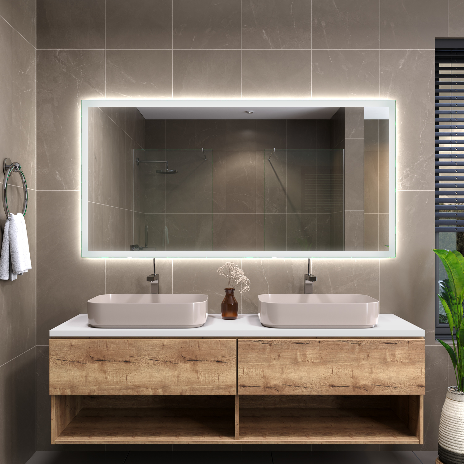 Badspiegel Sete 40 CloseAngle LightsOn 1500x1500 rechteckiger LED-Badspiegel mit eingeschalteter Rahmenbeleuchtung in frontaler Nahansicht über zwei weißen Aufsatzwaschbecken und schwebendem Doppelwaschtisch in Holzoptik in modernem BadezimmerRetry