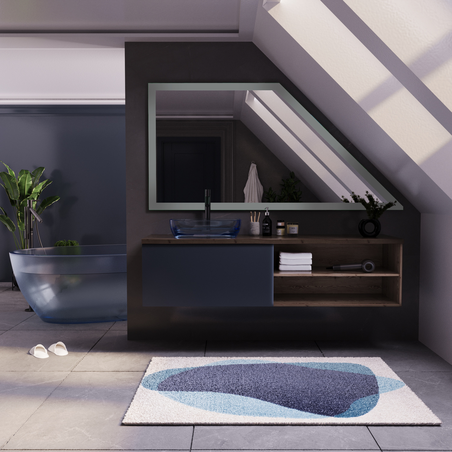 SETE DS40 Badezimmerspiegel 1500x1500 mm mit 40 mm Rahmenbreite ohne Beleuchtung in modernem Dachschrägen-Badezimmer mit dunklem Waschtisch und freistehender BadewanneRetry