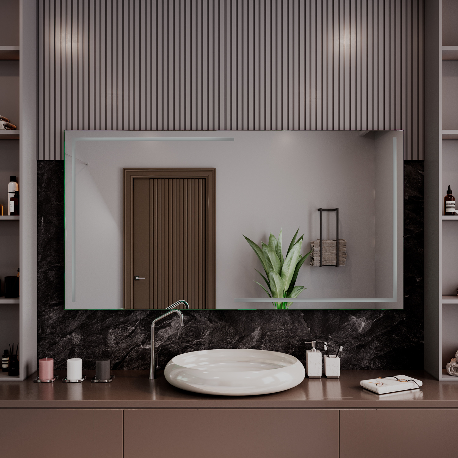 LUCCA Badspiegel ohne Beleuchtung, 1500x1500 mm, ausgeschaltete LED-Hintergrundbeleuchtung, über weißem ovalem Waschbecken auf dunklem Waschtisch mit Marmorplatte, weiße Nische mit Pflanze, schwarze Wandpaneele, luxuriöses modernes Bad