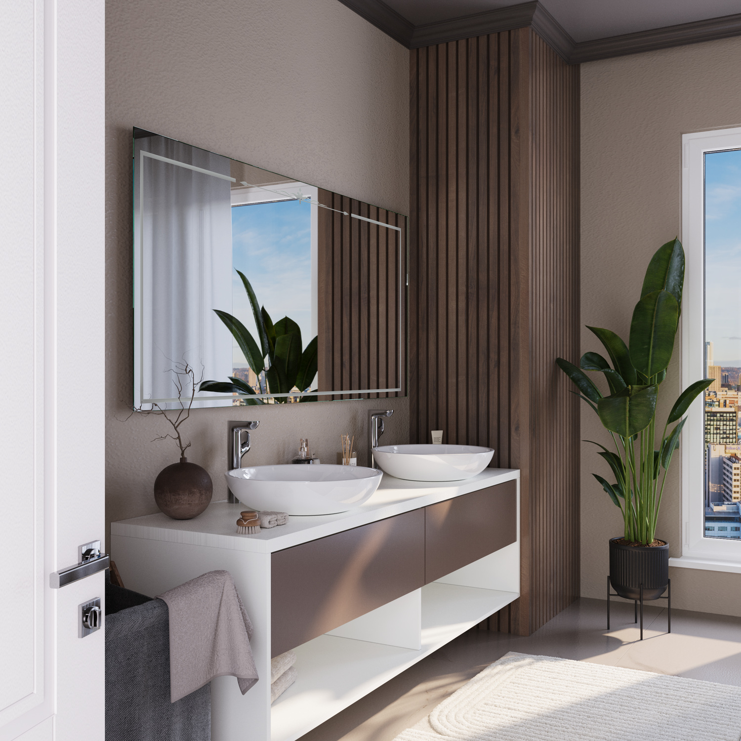 LD413 Badezimmerspiegel 1500x1500 mm mit Rahmen in seitlicher Perspektive ohne Beleuchtung über modernem Doppelwaschtisch mit zwei runden Aufsatzwaschbecken in hellem Badezimmer mit strukturierter WandverkleidungRetry