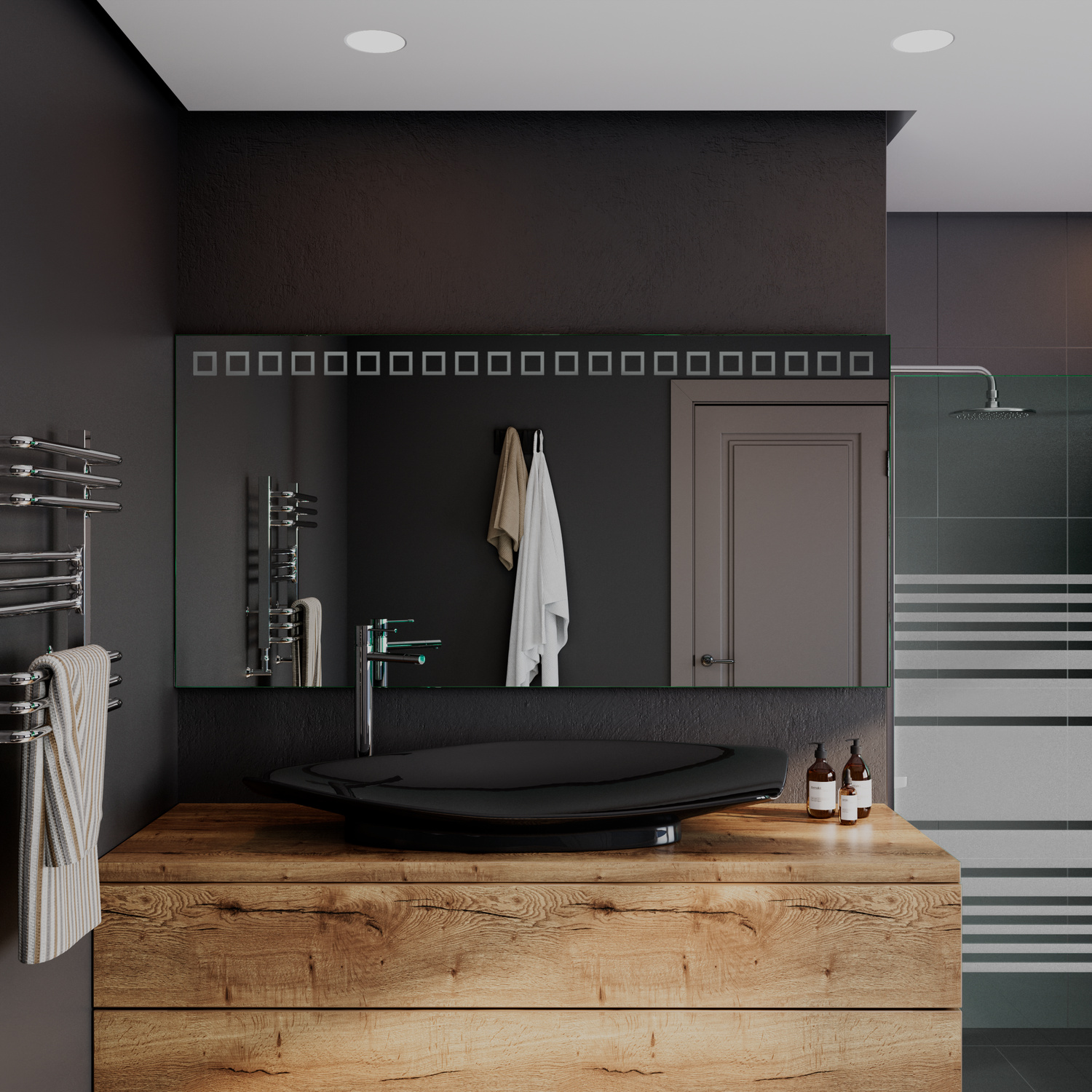 Nanterre rechteckiger Wandspiegel ohne Beleuchtung, 1500x1500 mm, ausgeschalteter Zustand, montiert über schwebendem Holzwaschtisch in Eichenoptik mit schwarzem ovalen Aufsatzwaschbecken, modernes Badezimmer mit anthrazitfarbener Wand, Handtuchheizkörper