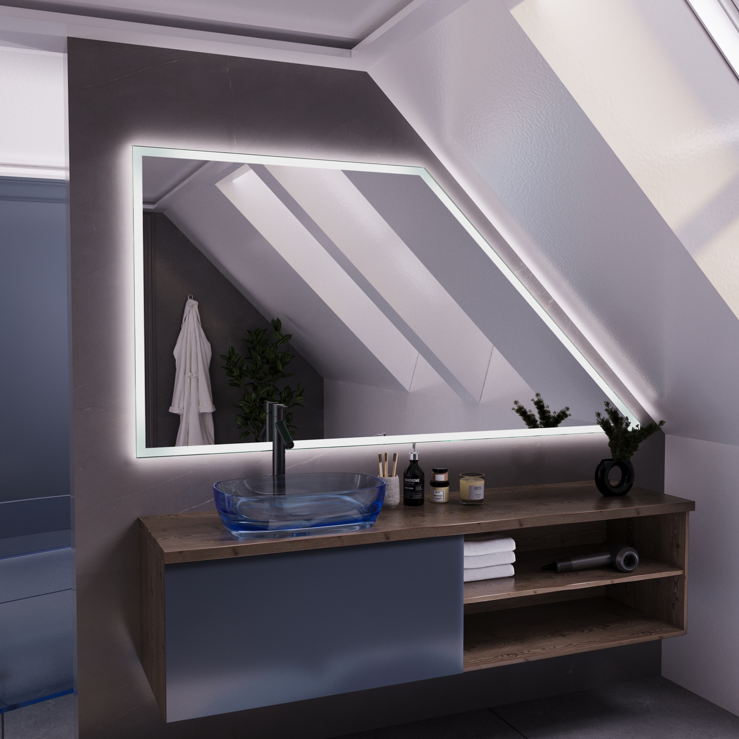 SETE DS20 LightsOn 1500x1500 rechteckiger LED-Badspiegel mit eingeschalteter Rahmenbeleuchtung in Dachschrägen-Badezimmer über grau-braunem schwebendem Waschtisch mit offenen RegalenRetry