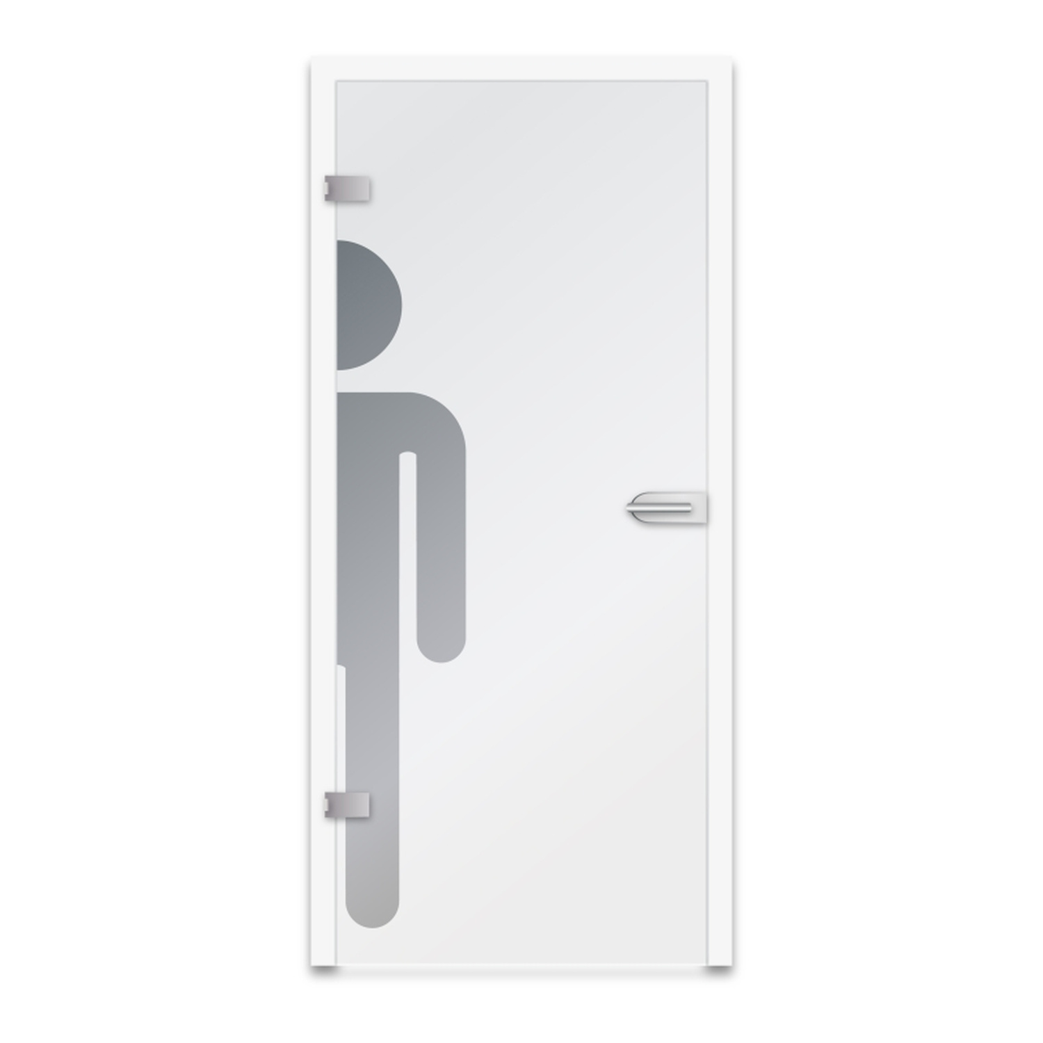 SIGNO M Glastür 150x150 cm mit WC-Piktogramm männlich, satinierte Ausführung mit klarem Mittelteil, Produktdarstellung freigestellt mit sichtbaren Türbeschlägen und Scharnieren