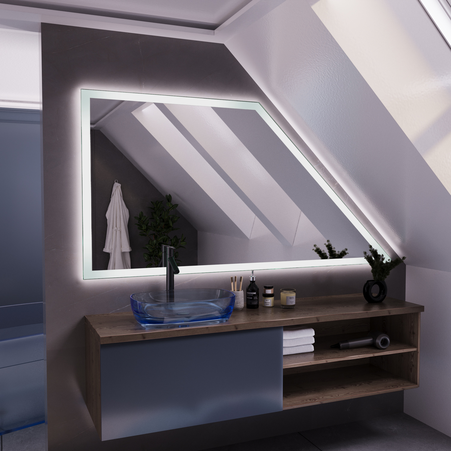 SETE DS30 beleuchteter Badezimmerspiegel 1500x1500 mm mit 30 mm Rahmenbreite und LED-Beleuchtung in Dachschrägen-Badezimmer mit blau-grauem Waschtisch und HolzarbeitsplatteRetry