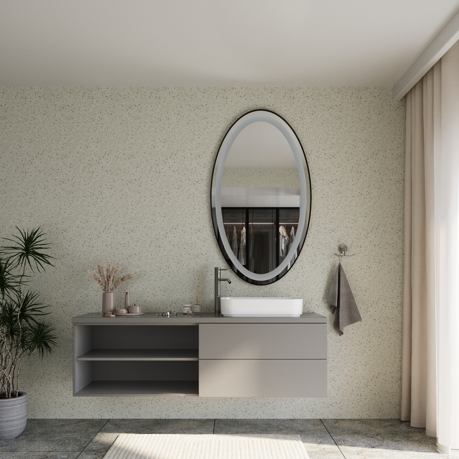 AZOR EL LightsOff 1500x1500 ovaler LED-Badspiegel mit schwarzem Rahmen und ausgeschalteter Beleuchtung über weißem Aufsatzwaschbecken und schwebendem zweifarbigem Waschtisch in modernem BadezimmerRetry