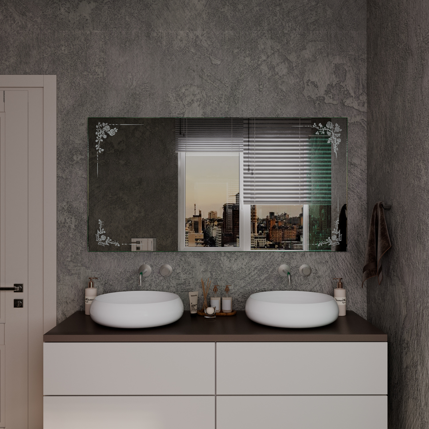 LD409 LightsOff 1500x1500 rechteckiger Badspiegel mit ausgeschalteter Beleuchtung und horizontalen Milchglas-Streifen über zwei weißen Aufsatzwaschbecken und Doppelwaschtisch in modernem Badezimmer mit BetonoptikRetry