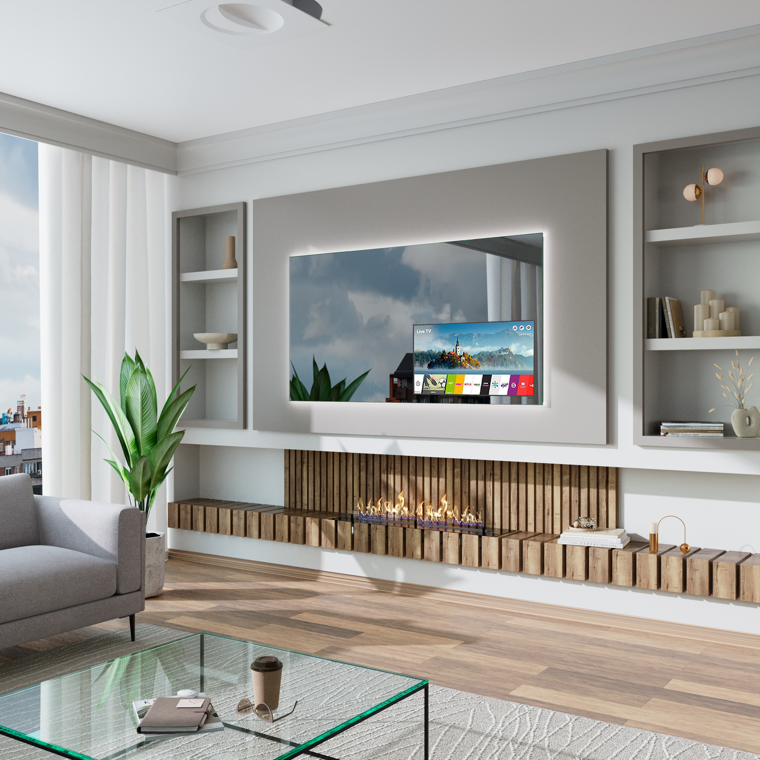 TV-Wandpaneel mit LED-Hintergrundbeleuchtung eingeschaltet, 1500x1500 mm, Seitenansicht mit rechteckigem Panel mit warmweißer umlaufender LED-Beleuchtung, TV-Gerät an, Holzkamin leuchtend, weiße Regale, Pflanze, Glastisch, modernes helles Wohnzimmer