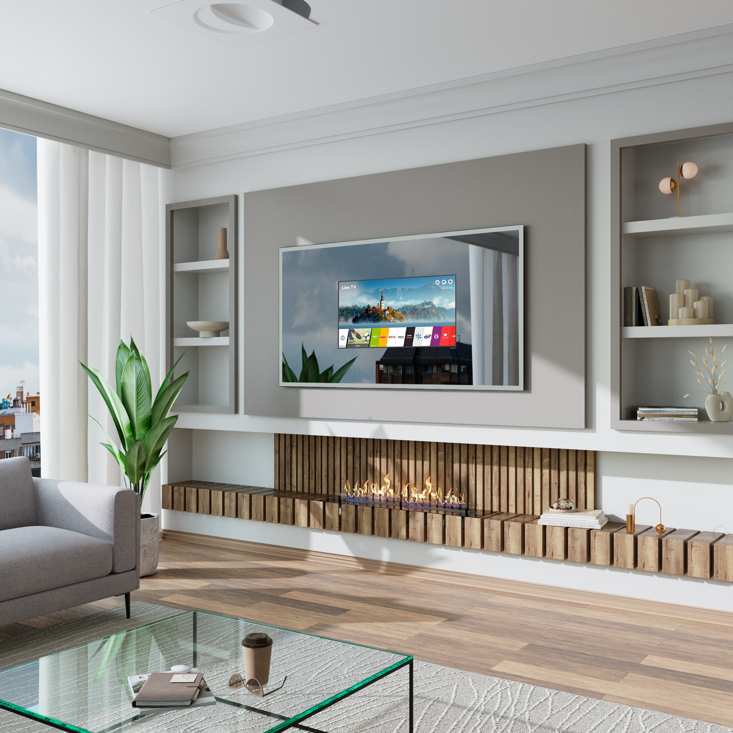 Modernes Wohnzimmer mit Mediawand, eingebautem Elektrokamin und wandmontiertem Fernseher, flankiert von weißen offenen Regalen mit DekorationRetry