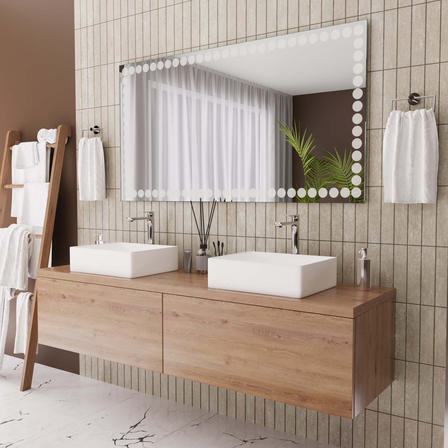 Stra LED-Badspiegel rechteckig mit Niet-Optik-Rahmen, 1500x1500 mm, Beleuchtung ausgeschaltet, seitliche Perspektive, über hellbraunem Holz-Waschtisch mit zwei weißen rechteckigen Aufsatzwaschbecken, modernes Bad mit gerillten Fliesen und Marmorboden