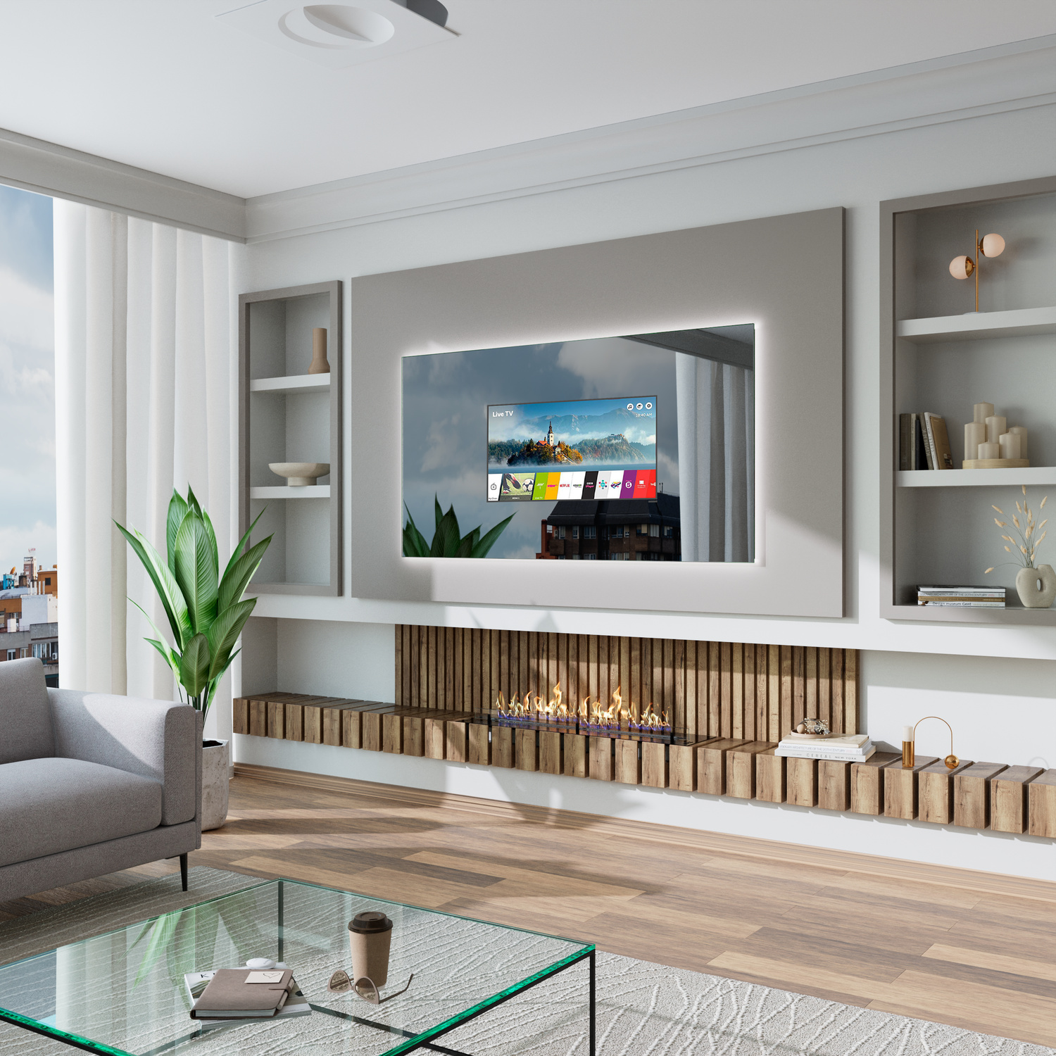 Spiegel Modell Lambelle aus seitlichem Blickwinkel mit eingeschalteter LED-Beleuchtung, modernes Wohnzimmer mit Kamin, TV und Glas-Couchtisch.