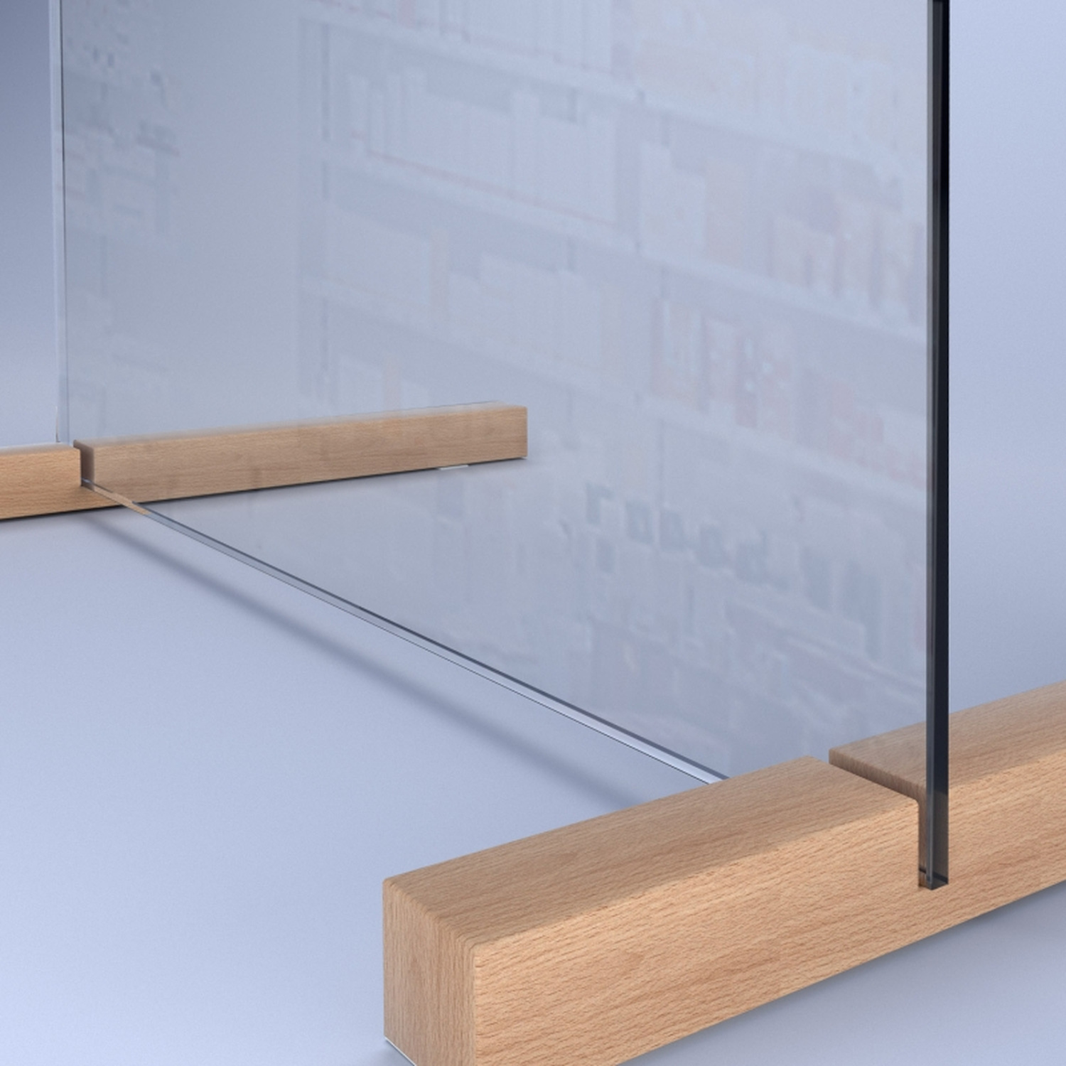 Detailansicht einer ESG-Glasscheibe F1 mit Holzsockel und transparenter Kante in NahaufnahmeRetry