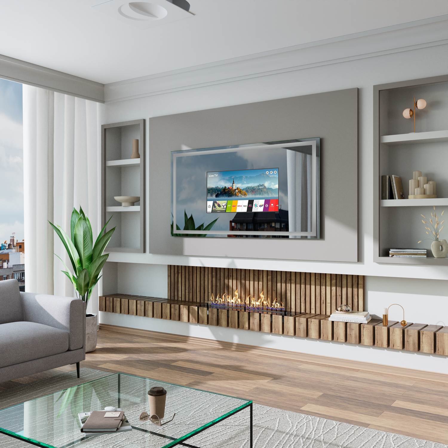 T402 Smart TV Spiegel mit LED-Beleuchtung, 1500x1500 mm, Seitenansicht bei ausgeschalteter Beleuchtung mit aktivem TV-Display und Streaming-Interface, integriert in moderne Wohnwand mit Holzlamellen-Kamin, elegantes Wohnzimmer mit Glastisch und Parkettbod