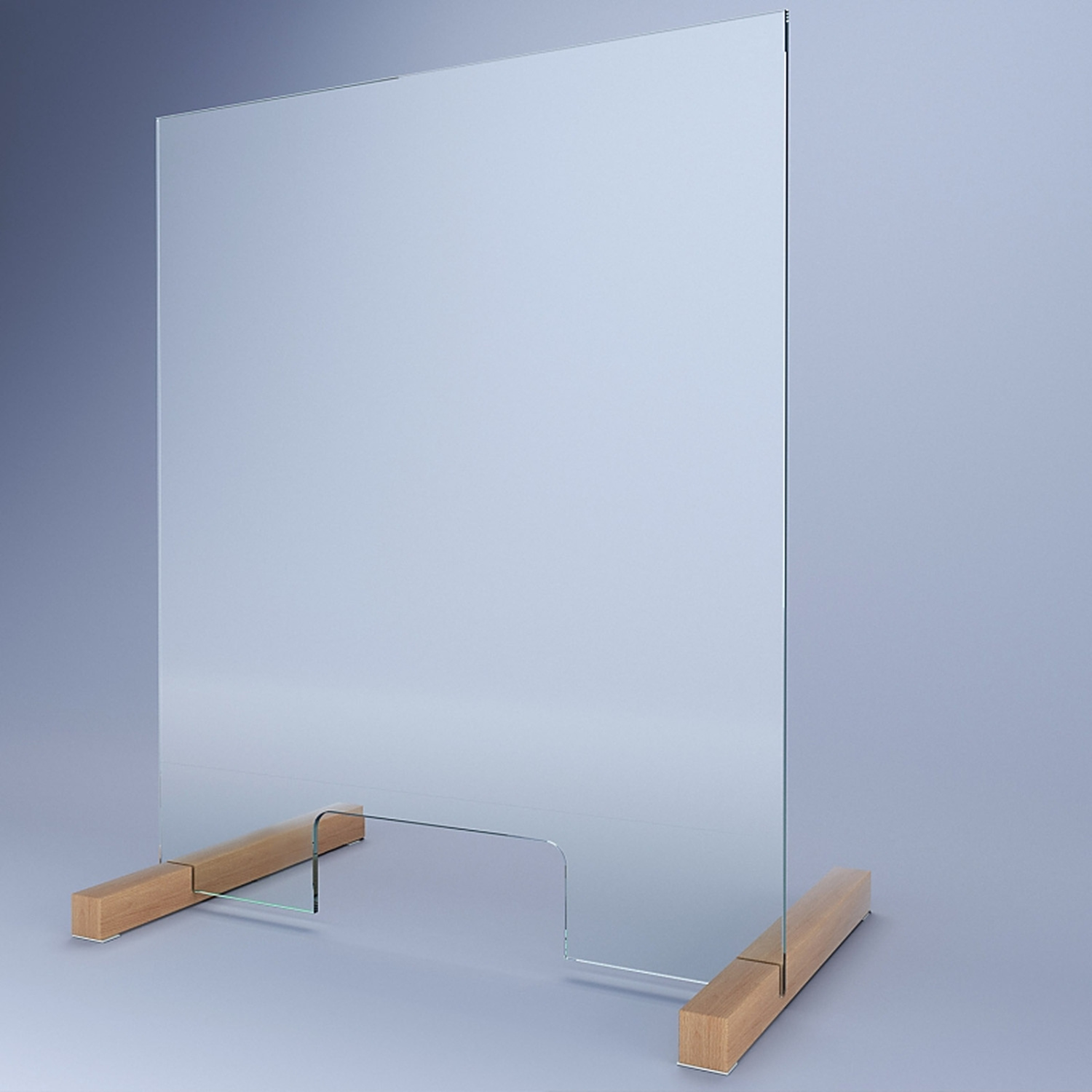 Sicherheitsglasscheibe Modell ESG A1 mit Holzfüßen und zentraler Durchreiche, freistehend auf hellem Hintergrund dargestellt.