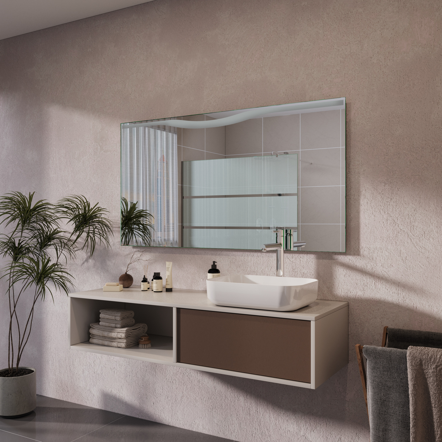 BLANES rechteckiger LED-Badspiegel mit ausgeschalteter Beleuchtung, 1500x1500 mm, über weißem Waschtisch mit offenem Regal und taupefarbenem Schiebeschrank, weißes rechteckiges Aufsatzwaschbecken, schwarze Armatur, minimalistisches Bad, Seitenansicht