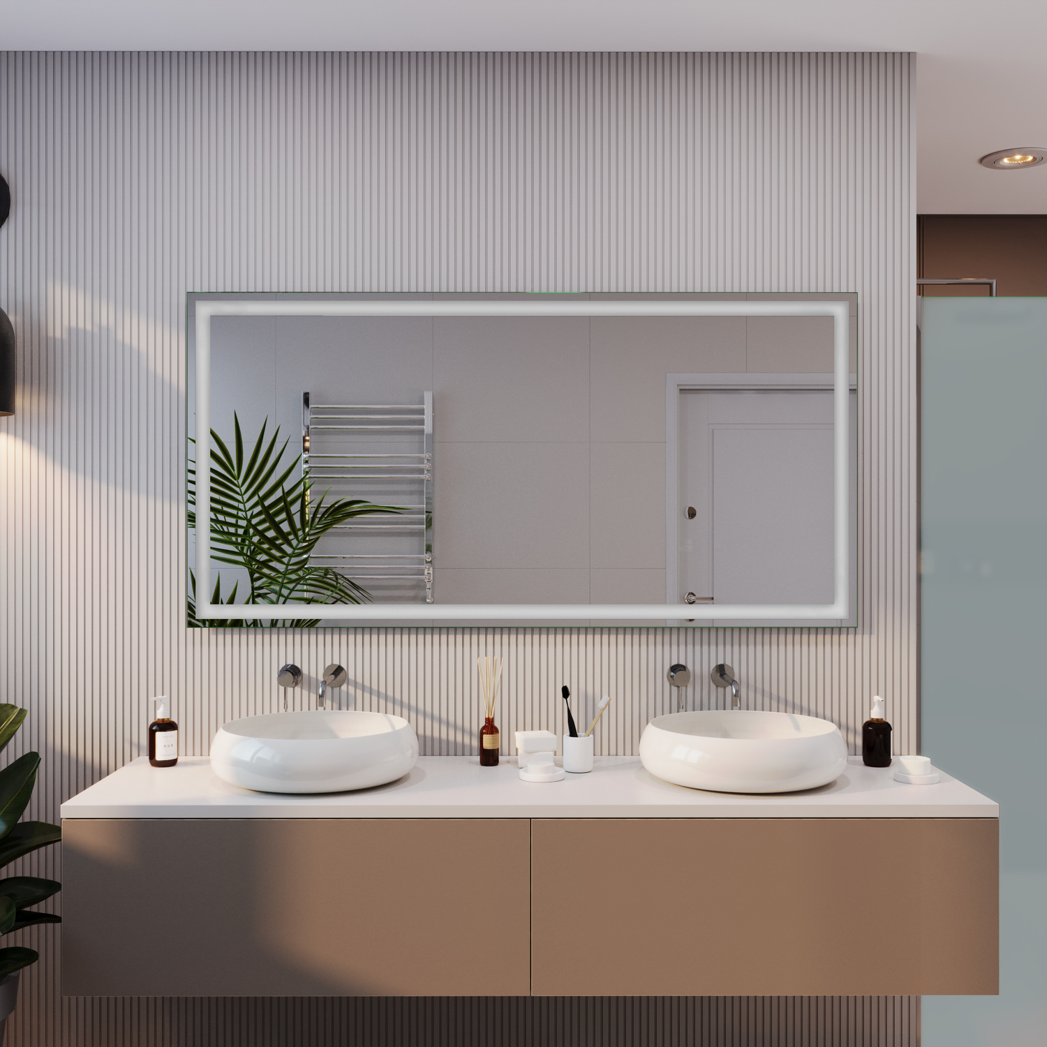 TOULON Badezimmerspiegel 1500x1500 mm ohne Beleuchtung über Doppelwaschtisch mit zwei Aufsatzwaschbecken und strukturierter WandverkleidungRetry