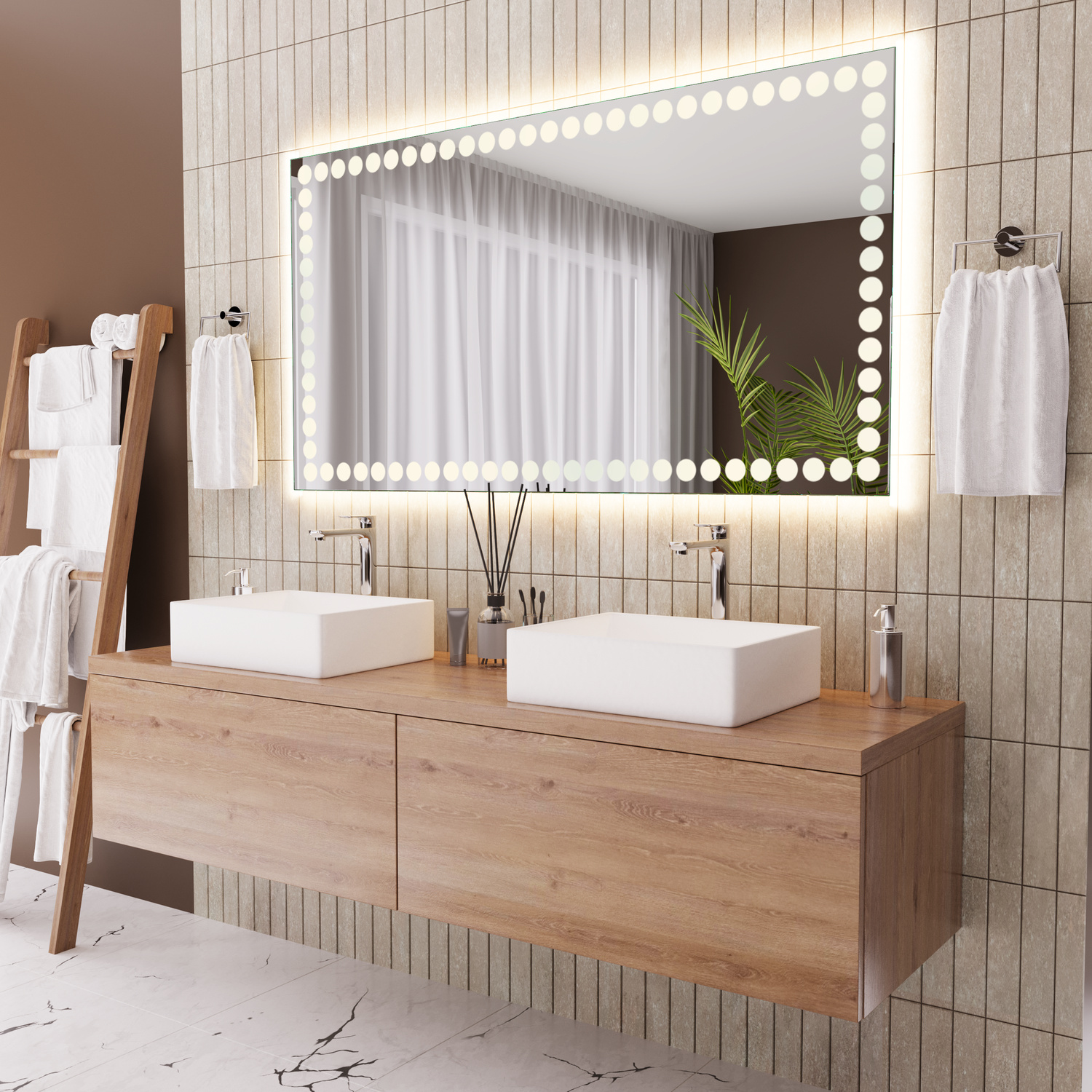 Stra LED-Badspiegel rechteckig mit Niet-Optik-Rahmen, 1500x1500 mm, eingeschaltete warmweiße LED-Beleuchtung, seitliche Perspektive, über hellbraunem Holz-Waschtisch mit zwei weißen rechteckigen Aufsatzwaschbecken, modernes Bad mit gerillten Fliesen