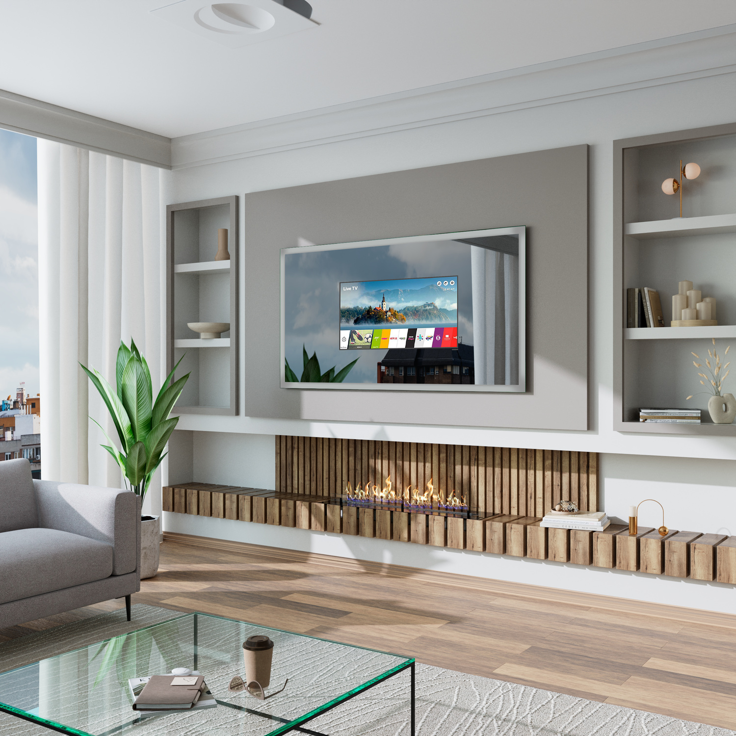 SETE30 SideAngle LightsOff 1500x1500 Elektrokamin mit ausgeschalteter Beleuchtung in moderner Mediawand mit wandmontiertem Fernseher und weißen offenen Regalen, seitliche PerspektiveRetry