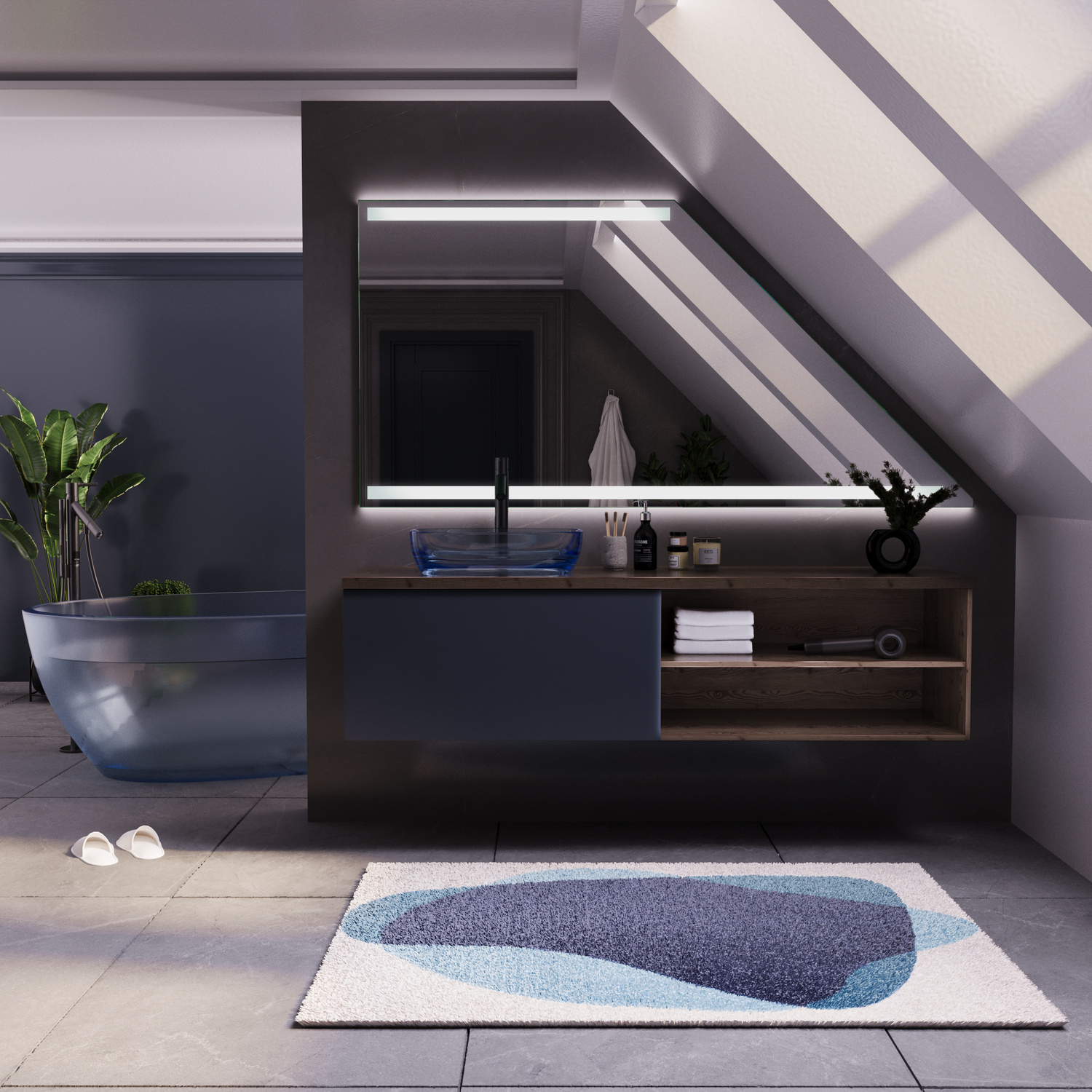 MARSEILLE DS LED-Badspiegel mit eingeschalteter Beleuchtung in Frontalansicht, 1500x1500 mm, leuchtender LED-Rahmen in warmweiß, über schwarzem mattem Waschtisch mit dunklem Aufsatzwaschbecken, modernes Dachgeschossbad mit Dachfenster und blauem Teppich