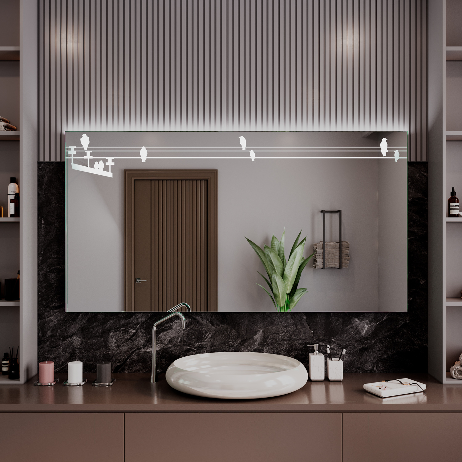 ROSES rechteckiger LED-Badspiegel mit eingeschalteter Beleuchtung, 1500x1500 mm, leuchtend mit oberen Lichtstreifen und LED-Spots, über taupefarbenem Waschtisch mit weißem ovalem Aufsatzwaschbecken, schwarze Marmor-Arbeitsplatte, luxuriöses Bad