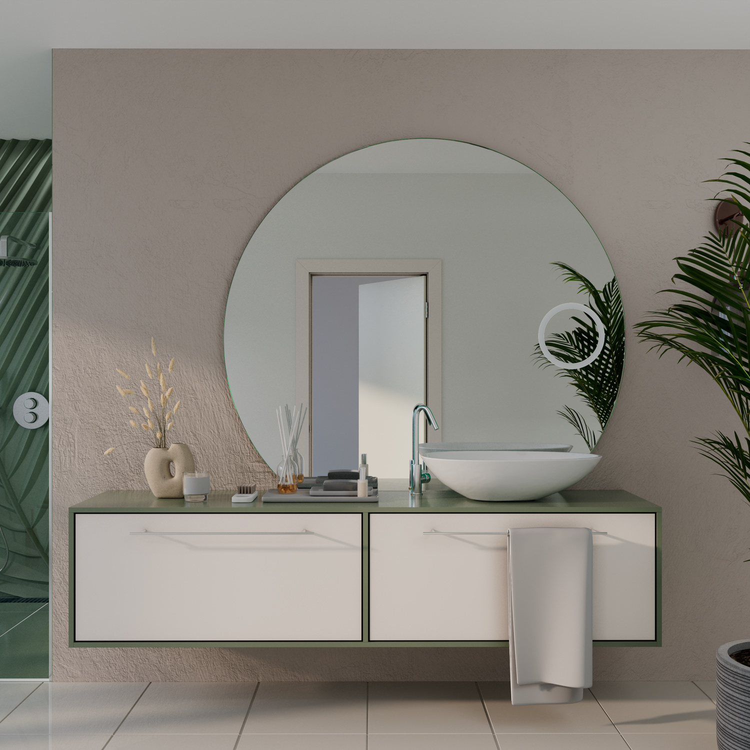 ANAS C1 Plus großer runder Wandspiegel ohne Beleuchtung, weißer moderner Waschtisch mit Schubladen, weißes Aufsatzwaschbecken, schwarze Armatur, beige Wand, Zimmerpflanzen, minimalistische Badezimmereinrichtung mit Deko-Objekten