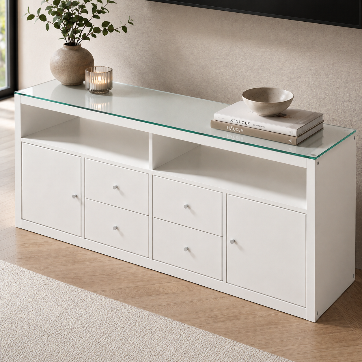 Pflegeleichte Glasauflage für IKEA KALLAX TV-Möbel als eleganter Oberflächenschutz
