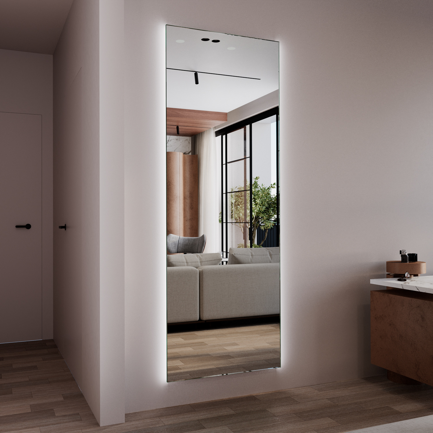 Standspiegel Side Light in Seitenansicht mit dezenter LED-Beleuchtung in einem modernen Schlafzimmer mit Blick auf den hellen WohnbereichRetry