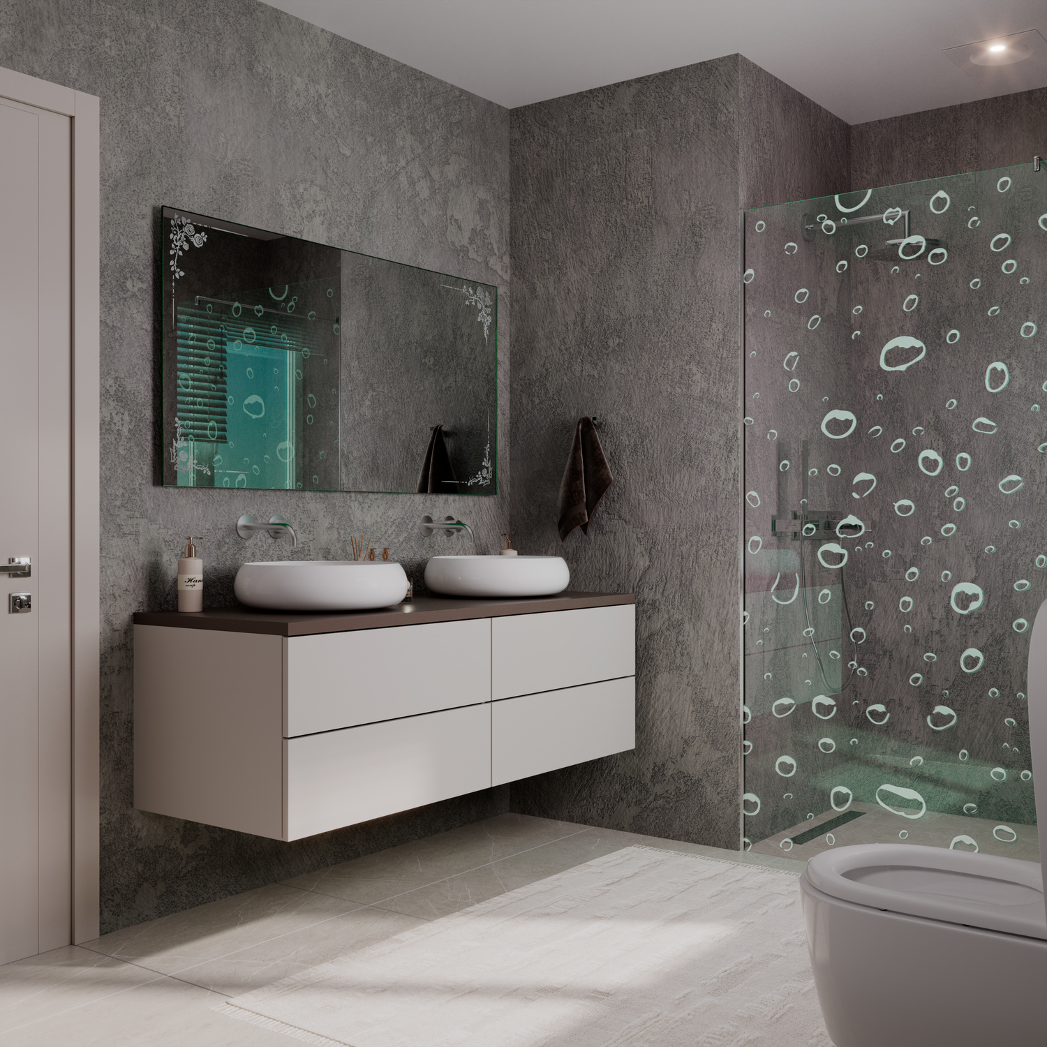 LD409 SideAngle LightsOff 1500x1500 rechteckiger Badspiegel mit ausgeschalteter Beleuchtung und dekorativen Eckornamenten in seitlicher Perspektive über zwei weißen Aufsatzwaschbecken und schwebendem Doppelwaschtisch in modernem Badezimmer mit Betonoptik