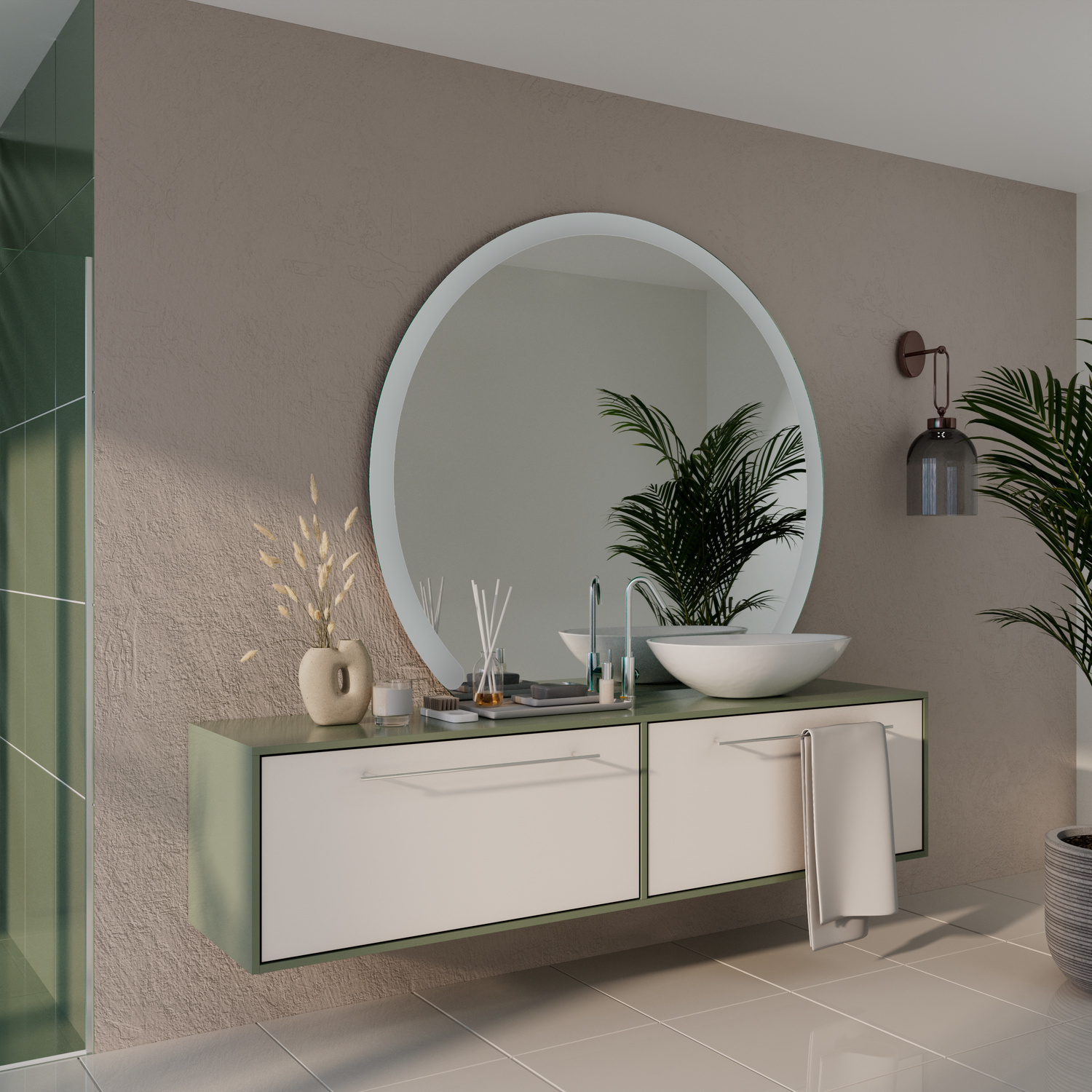 Runder Badspiegel Amir C1 in Seitenansicht mit ausgeschalteter Beleuchtung über einem schwebenden weißen Waschtisch in einem modernen Badezimmer mit Pflanzen und grünen AkzentenRetry