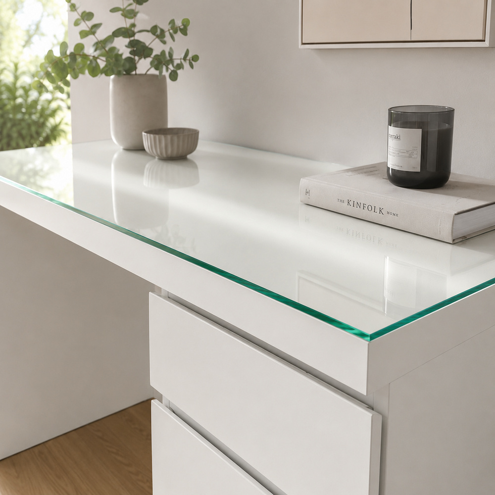 Glasplatte für IKEA MALM Schreibtische 140 x 65 cm Klarglas Ansicht