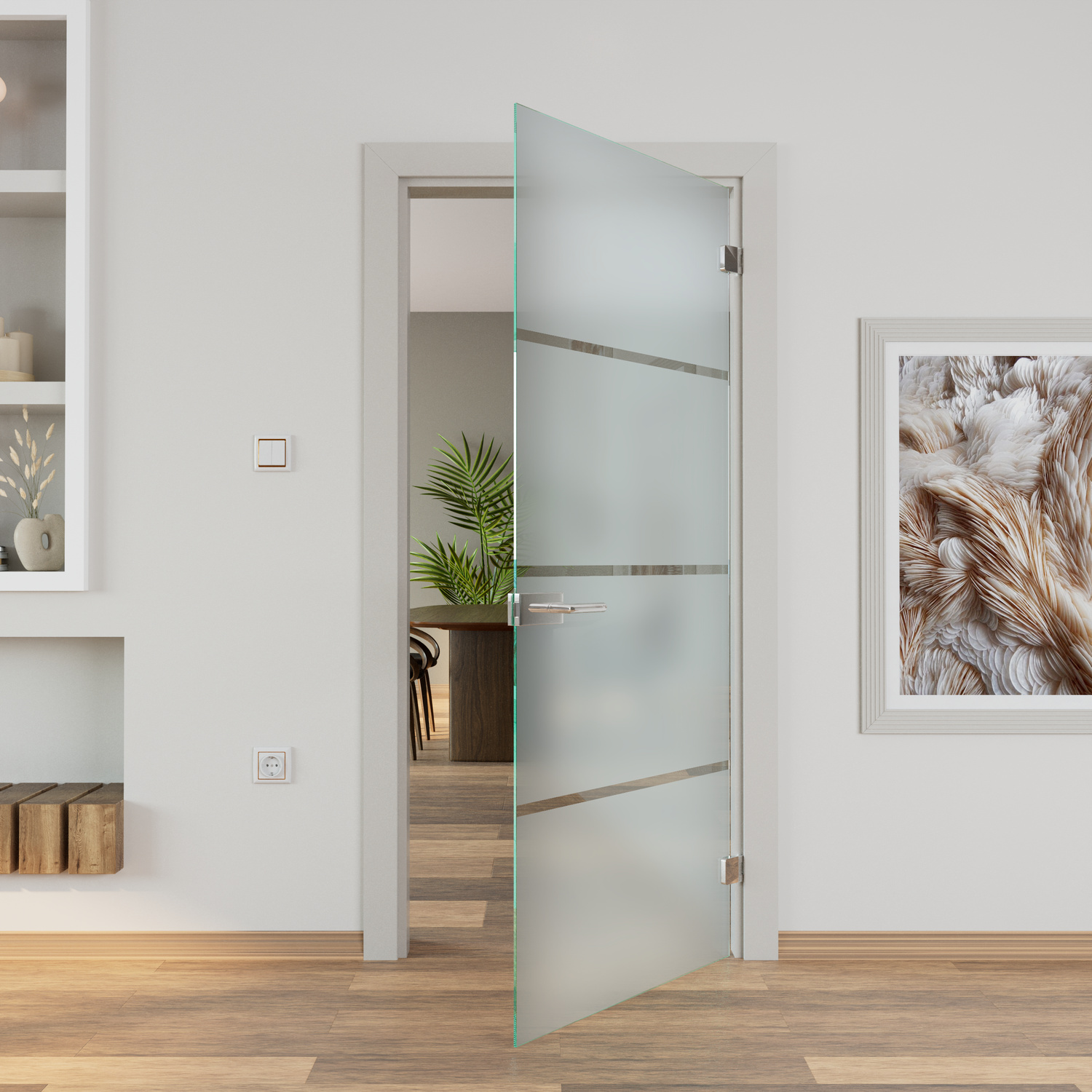 RODRIGO Ganzglastür geöffnet mit Streifendekor, 1500x1500 mm, satiniertes Glas mit horizontalen Designstreifen, Edelstahlbeschläge, Blick auf Treppe und Grünpflanzen, weißer Wohnraum mit Holzboden, Wandregal, Wandbild, modernes minimalistisches Interieur