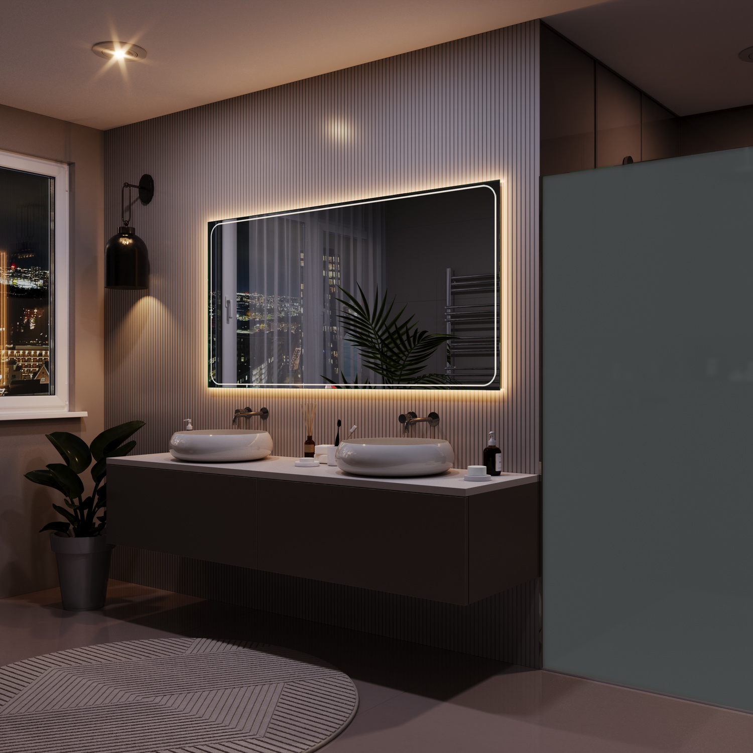 MASSA Doppel-Badspiegel in Seitenansicht bei Nacht mit eingeschalteter LED-Beleuchtung, 1500x1500 mm, warmweißer Lichtrahmen rundum leuchtend, über zwei weißen runden Waschbecken auf dunklem Waschtisch, geriffelte Wand, Pflanzen, modernes Luxusbad