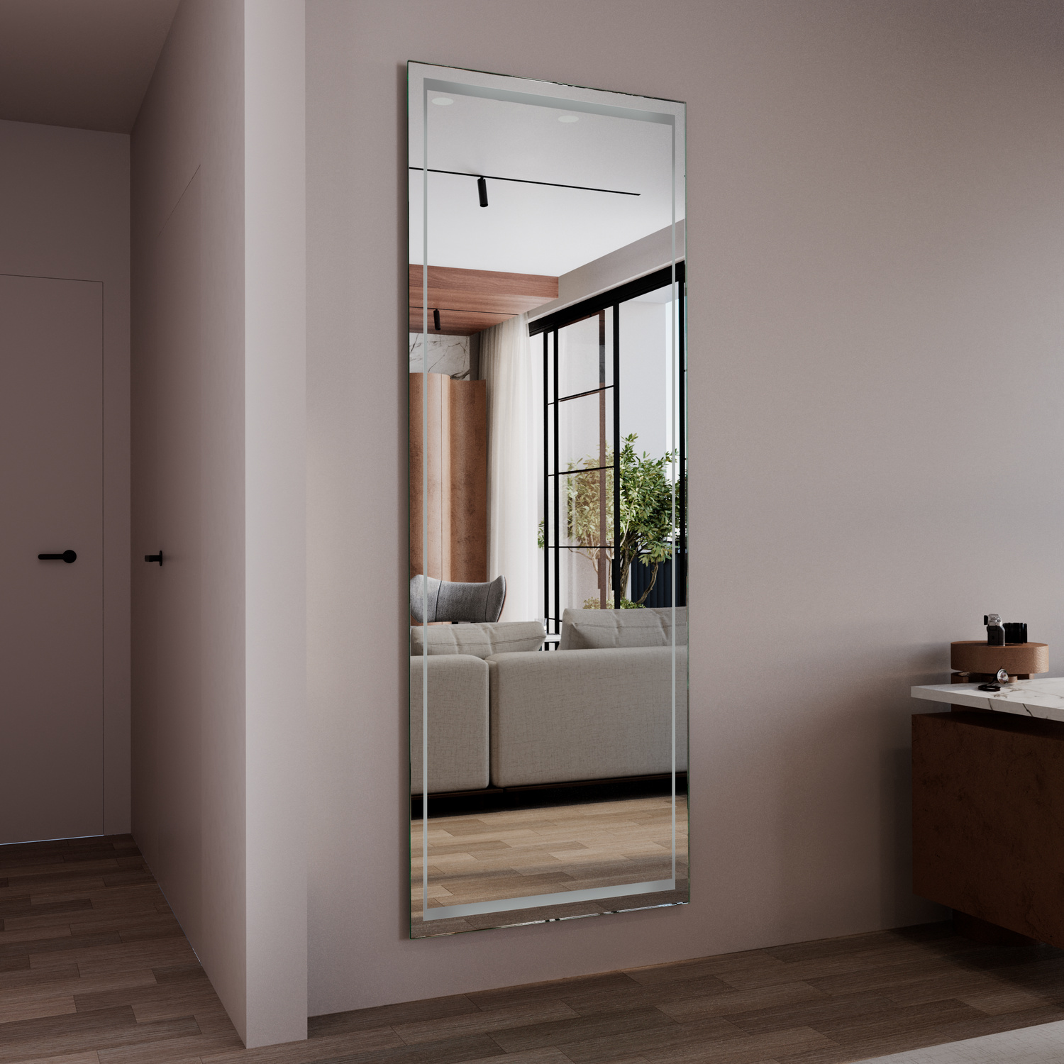 Standspiegel Milano in Seitenansicht mit ausgeschalteter Beleuchtung in einem modernen Schlafzimmer mit Blick auf den hellen Wohnbereich und große FensterfrontRetry