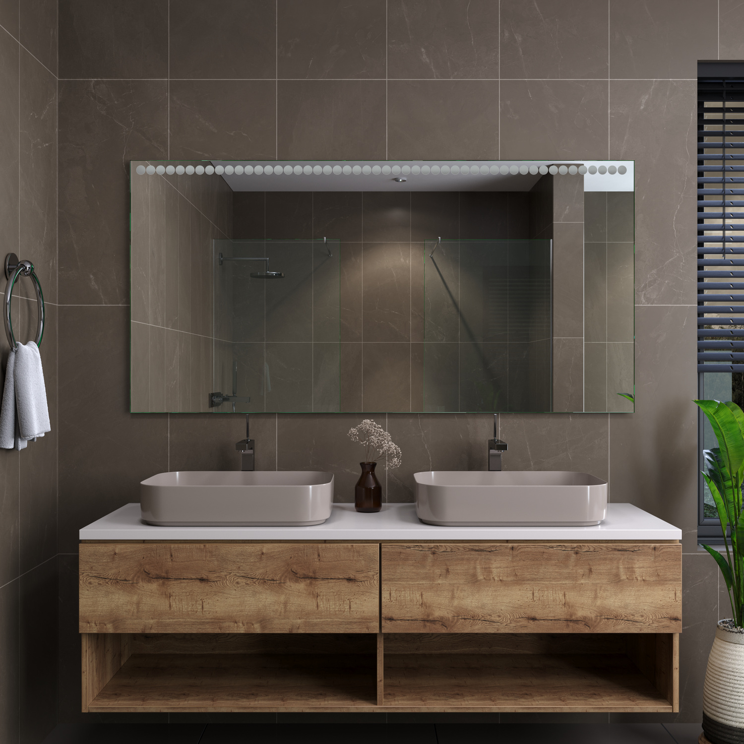 DAMVILLE rechteckiger LED-Badspiegel mit ausgeschalteter Beleuchtung, 1500x1500 mm, breiter weißer Rahmen mit LED-Punktreihe oben, über Holz-Doppelwaschtisch mit zwei weißen rechteckigen Aufsatzwaschbecken, modernes Bad mit Fliesen