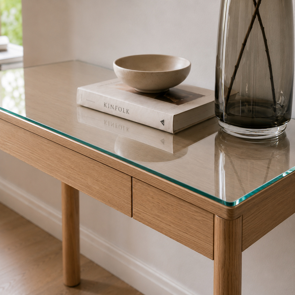 Glasplatte für IKEA TONSTAD Schreibtische 120 x 47 cm Klarglas Detailansicht