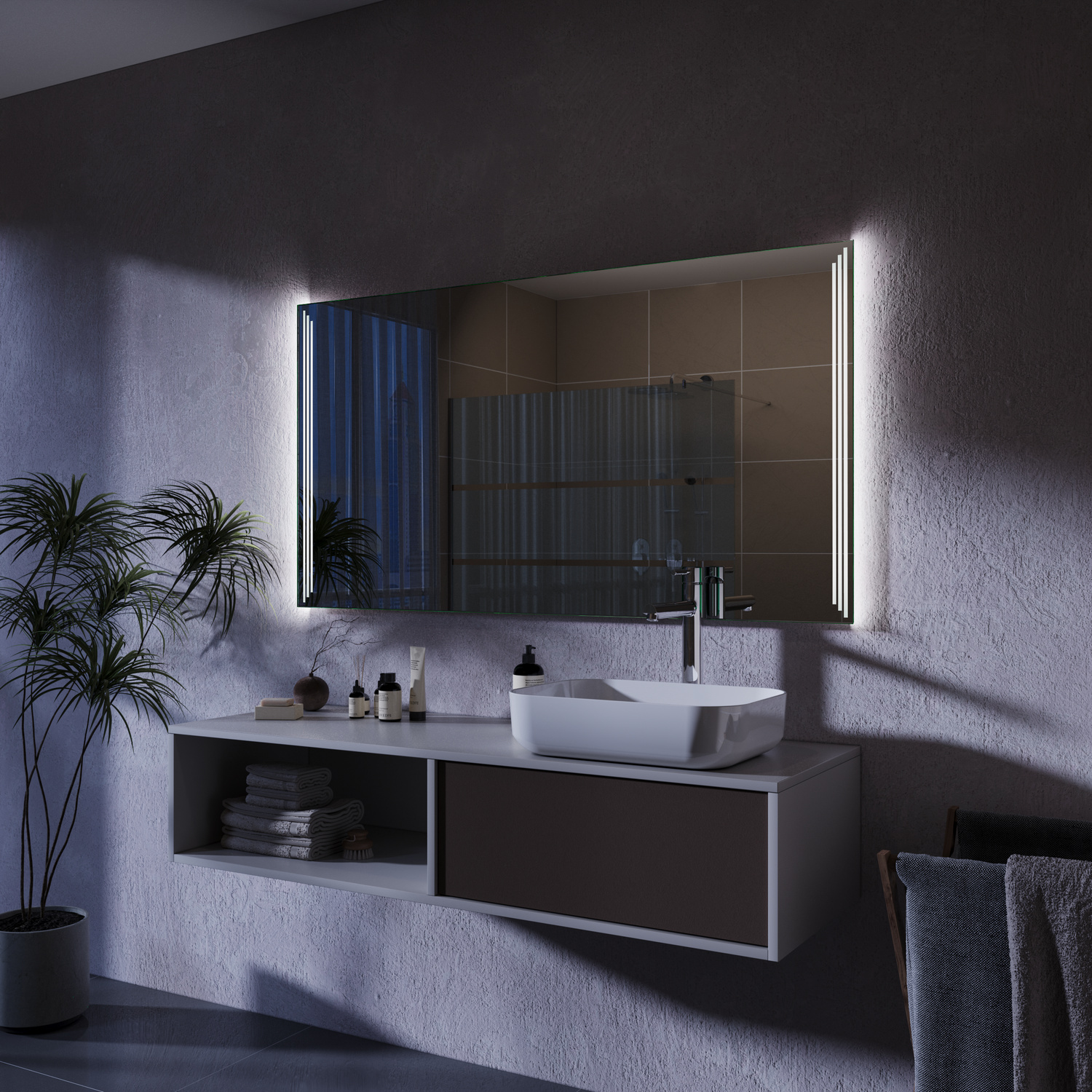 TARRAGONA LED-Spiegelschrank mit eingeschalteter Beleuchtung in seitlicher Nachtansicht, 1500x1500 mm, dreiteiliger Schrank mit leuchtenden seitlichen LED-Streifen in warmweiß, über grauem schwebenden Waschtisch mit weißem Aufsatzwaschbecken, dunkles mode