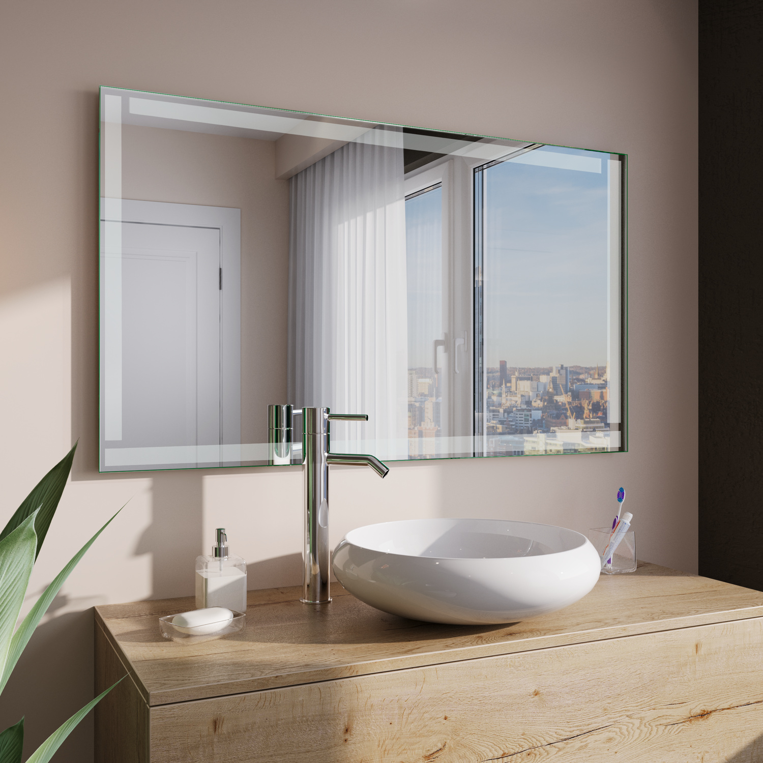 Lecce Badspiegel mit ausgeschalteter LED-Beleuchtung, 1500x1500 mm, weißer Rahmen mit horizontaler Lichtleiste oben, über weißem ovalem Aufsatzwaschbecken auf hellem Holzwaschtisch, modernes Bad mit rosa Wand und Stadtblick durch Fenster