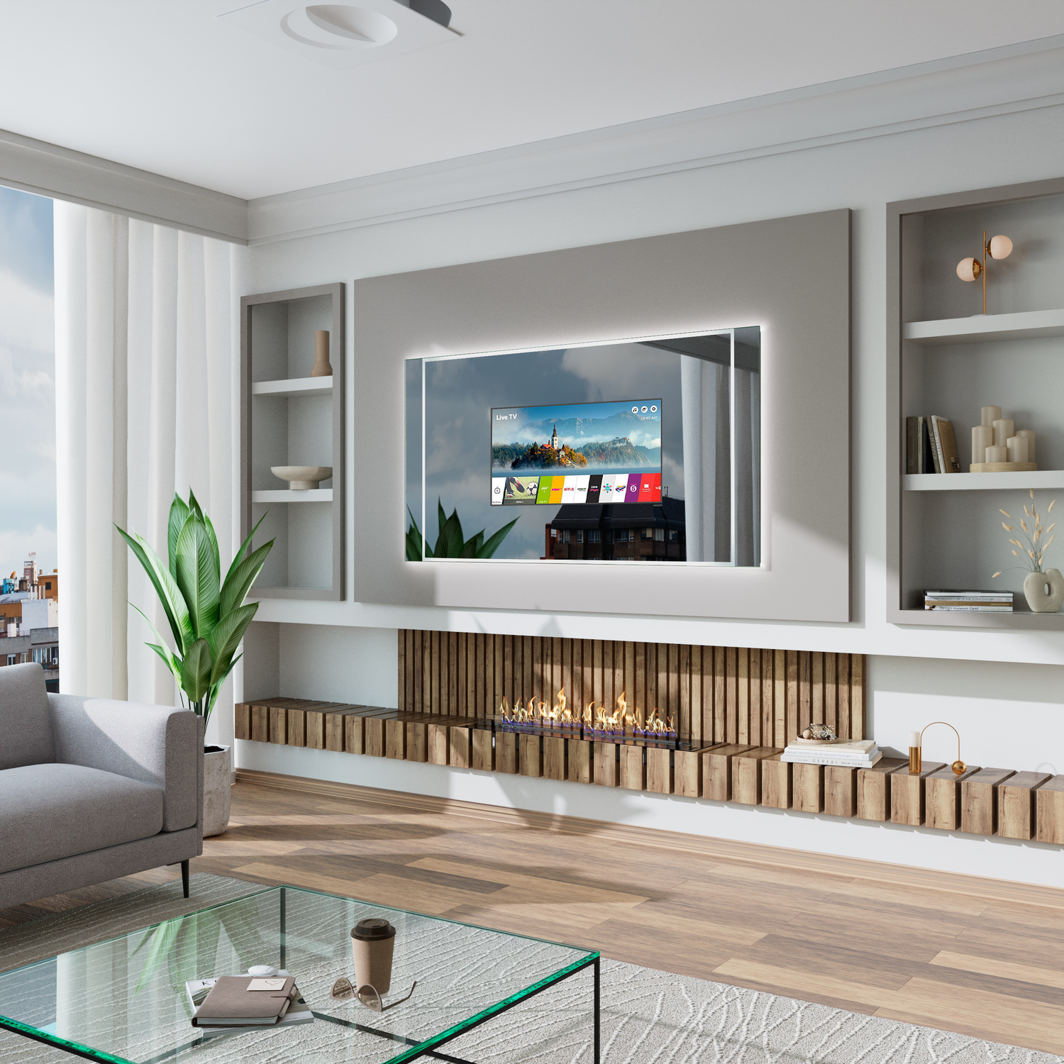 T404 LED-Smart-TV-Spiegel mit eingeschalteter Beleuchtung und aktiviertem Display in seitlicher Perspektive, 1500x1500 mm, leuchtender LED-Rahmen in warmweiß, über modernem Kamin mit Holzverkleidung, helles elegantes Wohnzimmer mit weißen Regalen und Grün