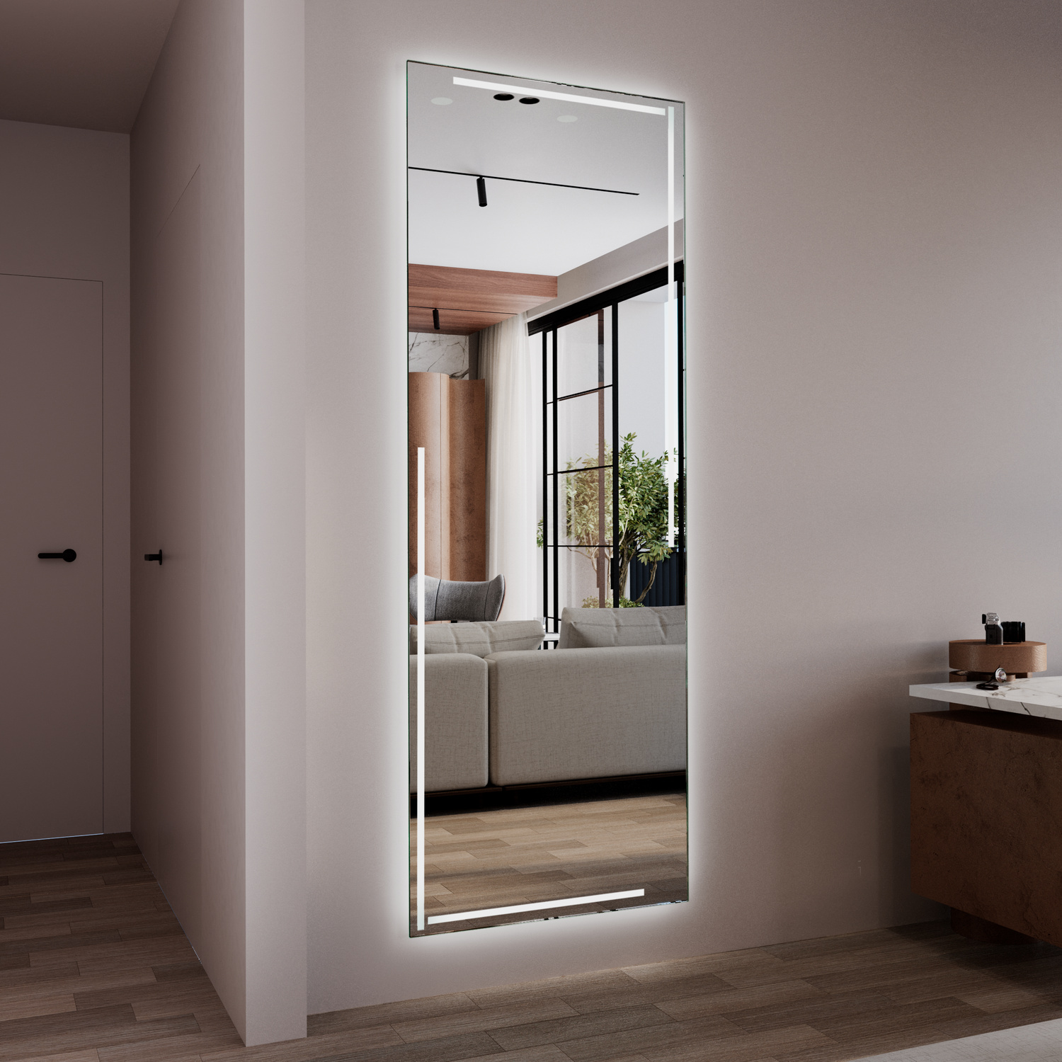 GENOVA Ganzkörper-Badspiegel mit eingeschalteter LED-Beleuchtung, 1500x1500 mm, seitliche Perspektive, leuchtender weißer Lichtrahmen, horizontale Satinglasstreifen, wandmontiert in modernem Raum mit rosa-beigen Wänden und Holzboden