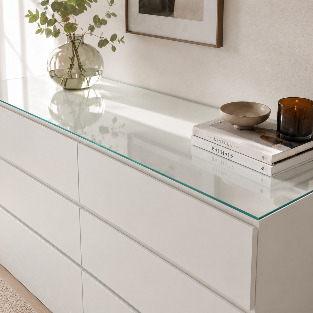 Glasplatte für IKEA MALM Kommoden 160 x 48 cm Klarglas Ansicht